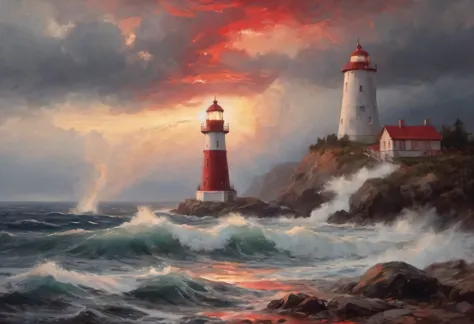 red art, Realistic painting in red tones., (fog:1.2), (the wind carries sea spray and foam:1.7), the dark a stormy sky is illumi...