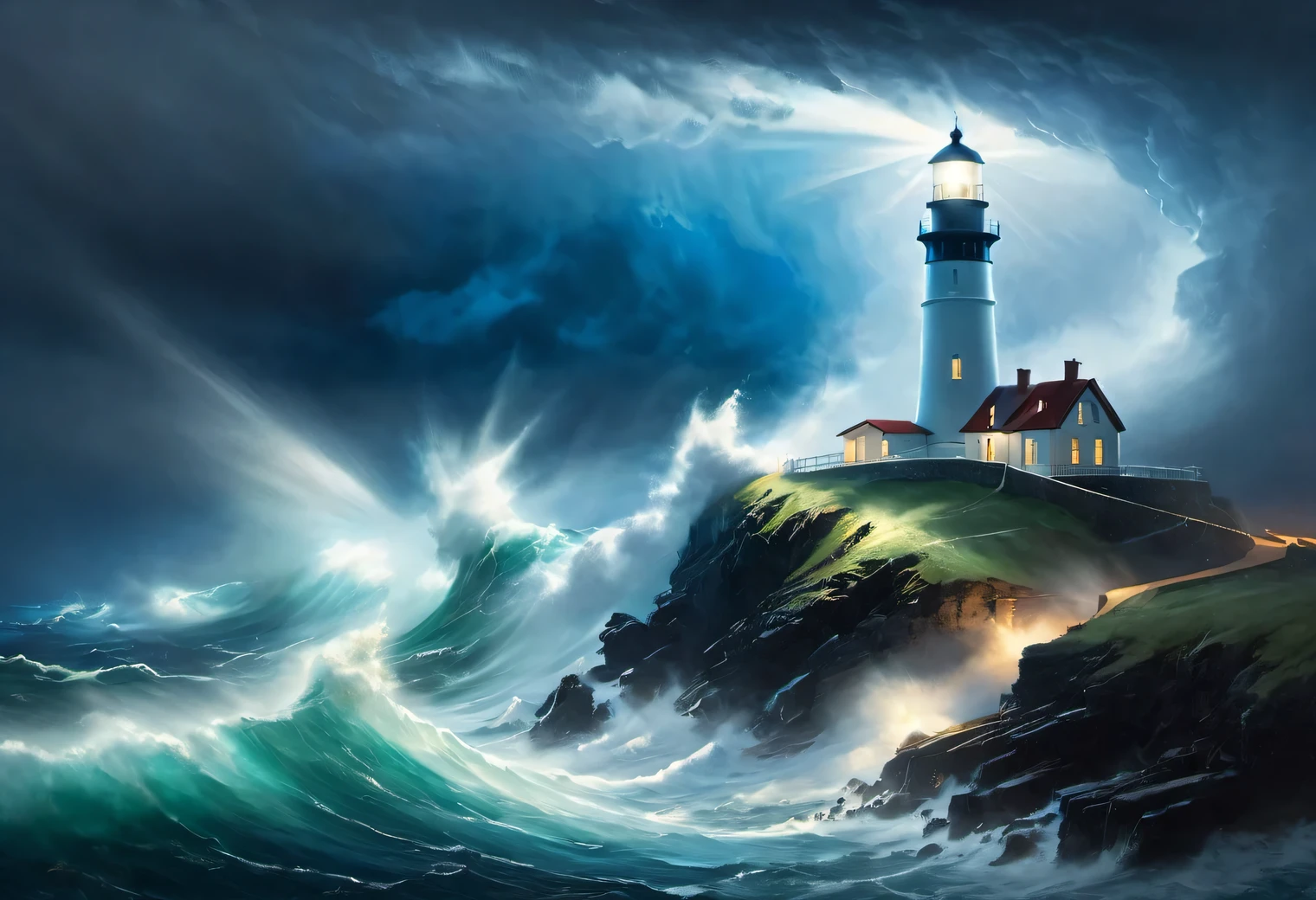 (dark green lighting Art:1.7050), Realistic painting in dark a stormy tones, (sea a storm fog: 1.2), (the wind carries sea spray and foam:1.7), the dark a stormy sky is illuminated by the pale light of a lighthouse, (Double exposure effect:1.5), (1 Lighthouse on the edge of a cliff:1.5 glows with bright blue rays: 1.3505), (a stormy sea: 1.755), Strong (a storm: 1.3050), Strong winds:1.250), Blue Highlight, (ray tracing: 1.2), (Tyndall effect: 1.4055 lighthouse beams:1.4), High detail, a storm haze, Texture smoothing, outline blur, a storm palette, Ivan Aivazovsky, in combination with (surrealism: 1.6), (the Strongest a storm of the century:1.5), (low visibility:1.7)