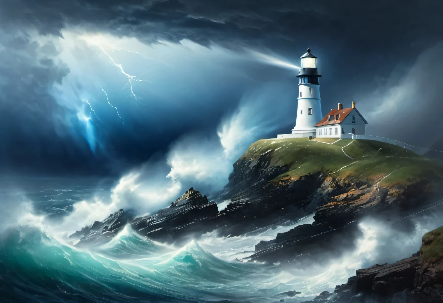 (dark green lighting Art:1.7050), Realistic painting in dark a stormy tones, (sea a storm fog: 1.2), (the wind carries sea spray and foam:1.7), the dark a stormy sky is illuminated by the pale light of a lighthouse, (Double exposure effect:1.5), (1 Lighthouse on the edge of a cliff:1.5 glows with bright blue rays: 1.3505), (a stormy sea: 1.755), Strong (a storm: 1.3050), Strong winds:1.250), Blue Highlight, (ray tracing: 1.2), (Tyndall effect: 1.4055 lighthouse beams:1.4), High detail, a storm haze, Texture smoothing, outline blur, a storm palette, Ivan Aivazovsky, in combination with (surrealism: 1.6), (the Strongest a storm of the century:1.5), (low visibility:1.7)