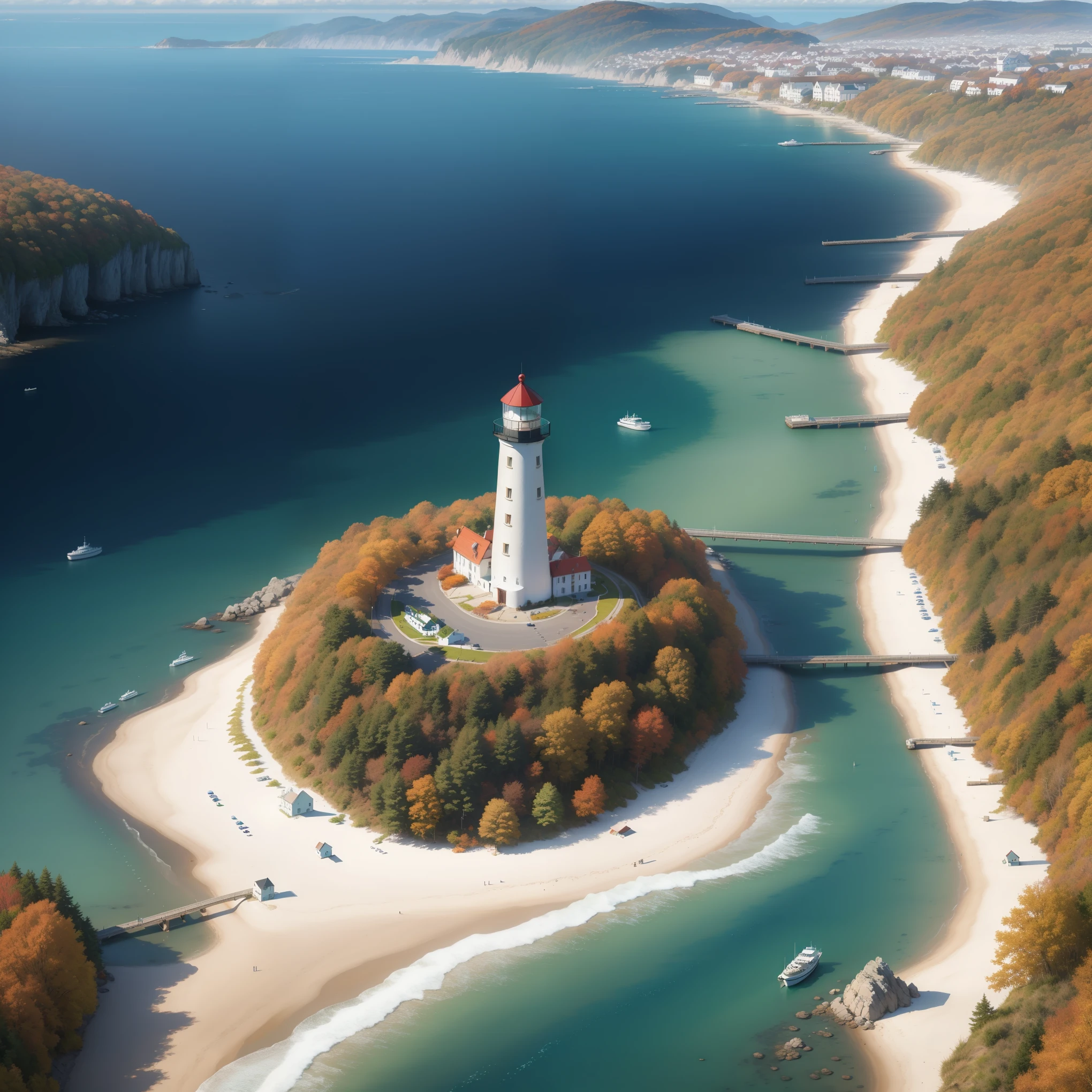 (from above:1.5), (seaside,autumn,:1.2), Wide sea,horizon, There is a small lighthouse on the small bridge, no people,nobody, very detailed, light particle effect, excellent work, extremely elaborate picture description,8k wallpaper, obvious light and shadow effects, ray tracing, obvious layers, depth of field, best quality,