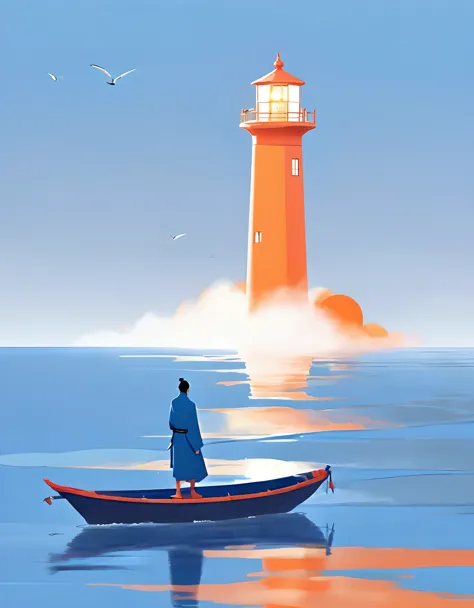 A tall orange lighthouse emits bright light, and in the distance, a blue boat is sailing towards the sky. A person stands on the...