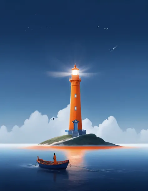 A tall orange lighthouse emits bright light, and in the distance, a blue boat is sailing towards the sky. A person stands on the...
