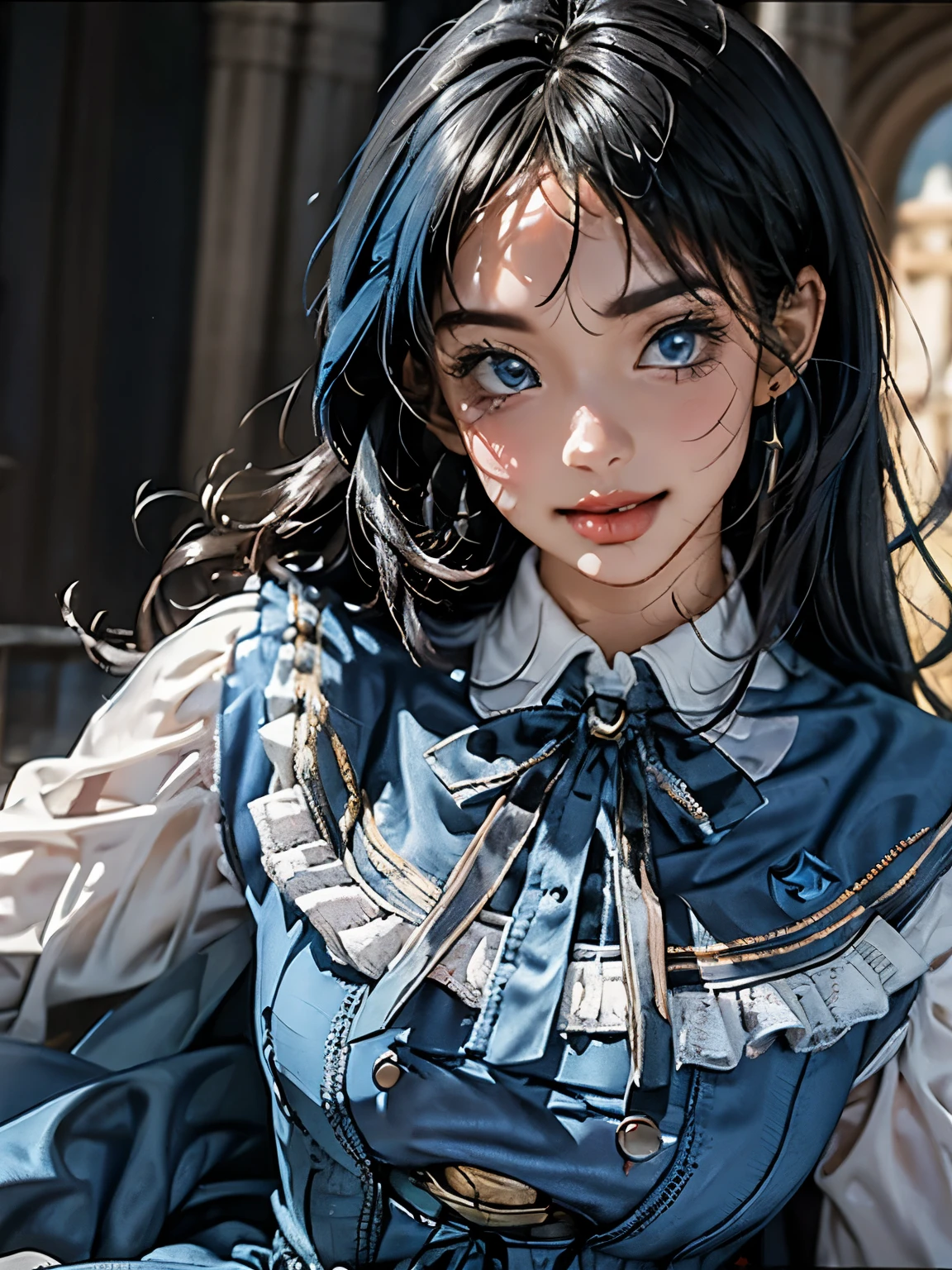 (((((super close up of face)))))，Aim from a little above,masterpiece, confused, incredibly confused, very detailed, highest quality, costume，(((((candy blue dress))))), have, knee high, whole body, 1 girl, alone, black hair, gentle smile, looking at the viewer, detailed background, Are standing, at the castle, night, dramatic lighting, 