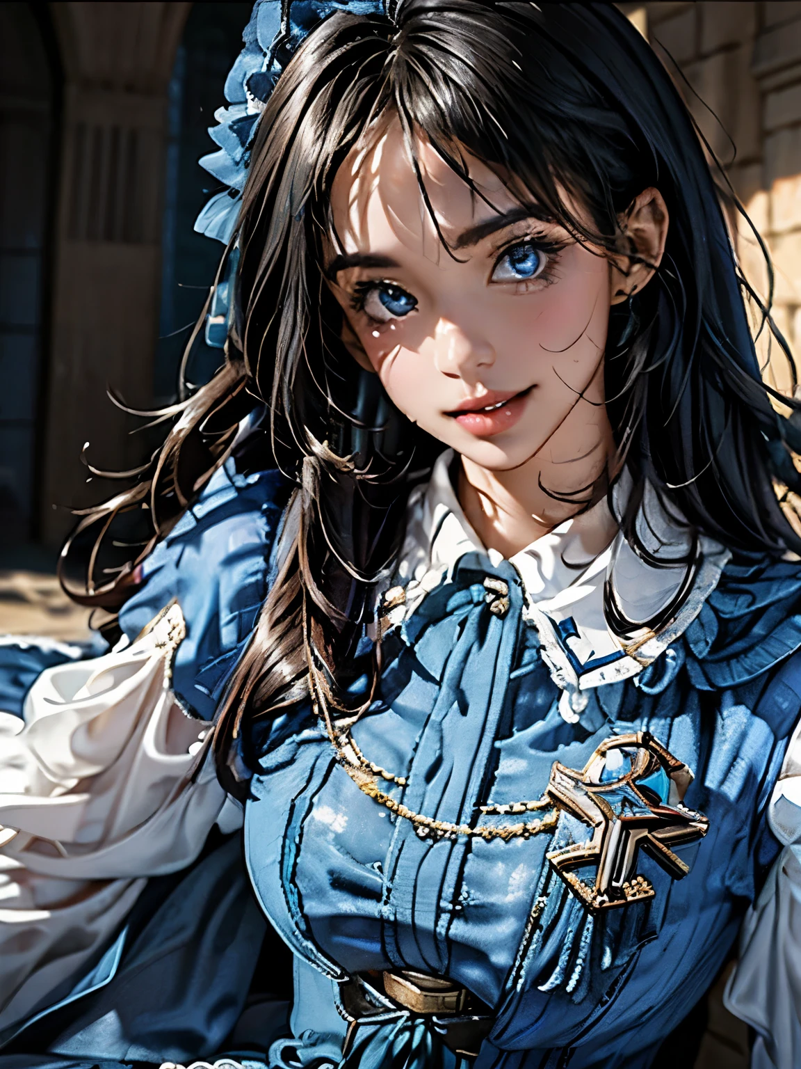 (((((super close up of face)))))，Aim from a little above,masterpiece, confused, incredibly confused, very detailed, highest quality, costume，(((((candy blue dress))))), have, knee high, whole body, 1 girl, alone, black hair, gentle smile, looking at the viewer, detailed background, Are standing, at the castle, night, dramatic lighting, 