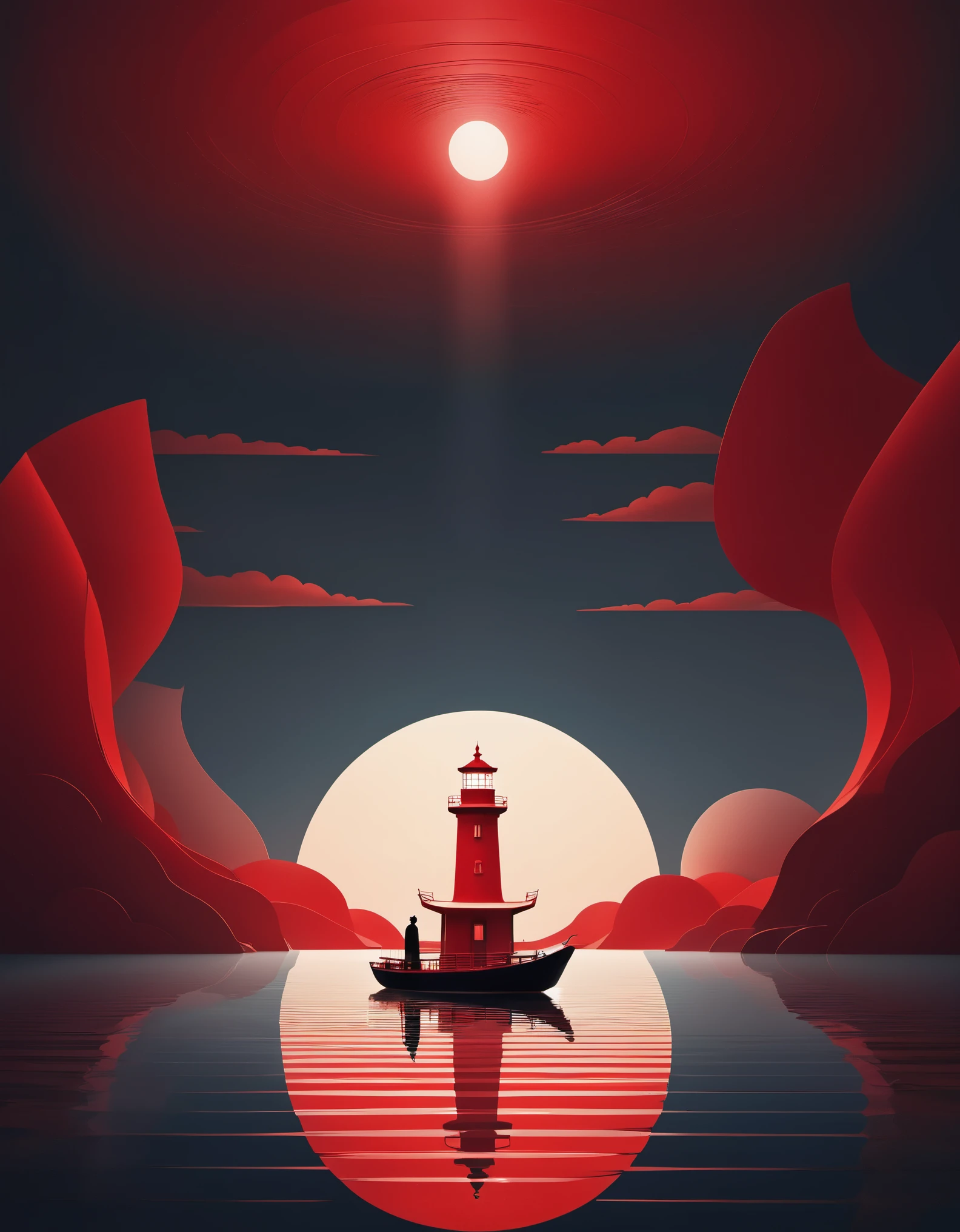 赤い灯台と船, 明るい光を発する，ボートの上に立っている人と, 4D映画で表現された東洋のミニマリストスタイル. コンセプチュアルアート, 商王朝, 平和で瞑想的な気持ち, ミニマリストのステージデザイン