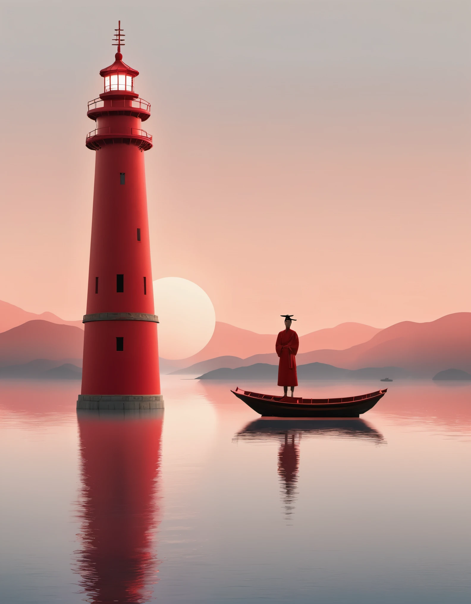 Um farol e um barco vermelhos, emitir luz brilhante，com uma pessoa parada no barco, em estilo minimalista oriental apresentado em um filme 4D. arte conceitual, Dinastia Shang, um sentimento pacífico e contemplativo, Cenografia minimalista