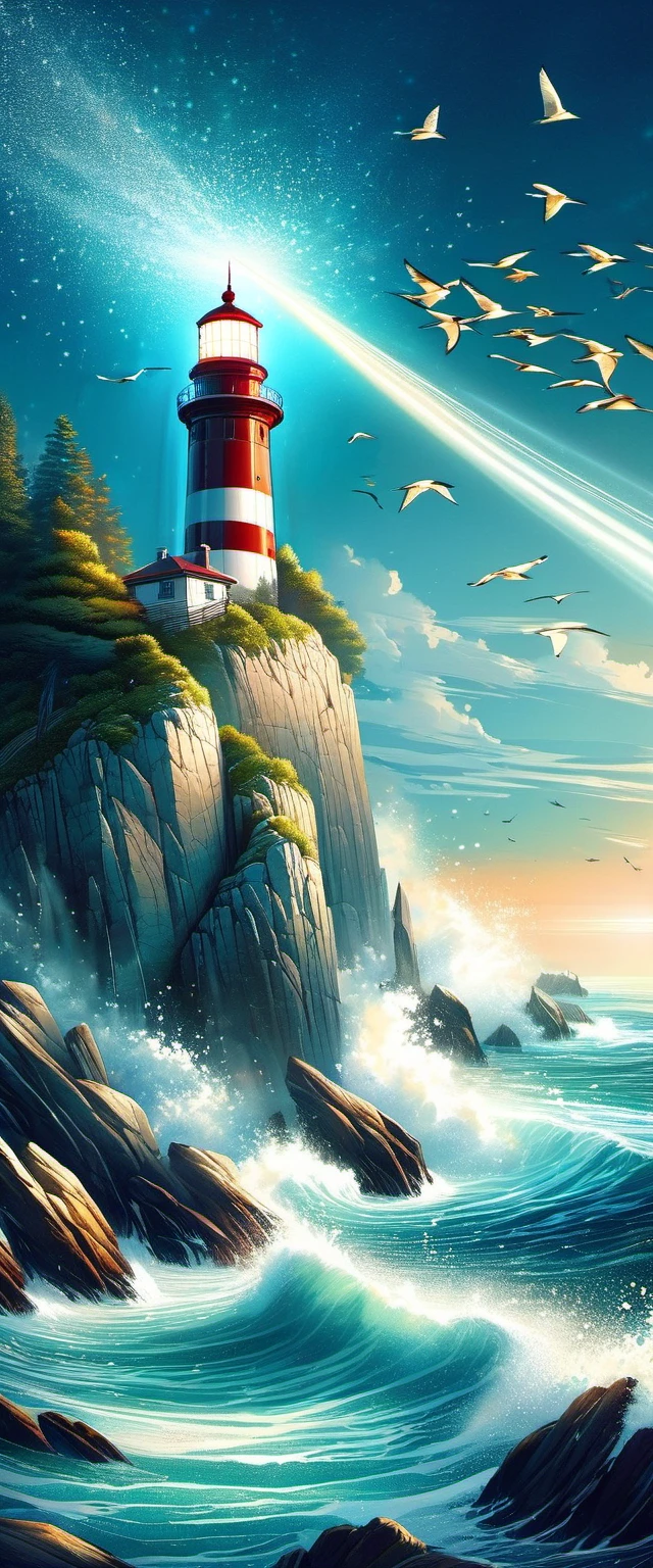 a painting of a lighthouse on a rocky shore with birds flying around,Lighthouse radiates light from the sea. beautiful painting of a tall, lighthouse, lighthouse, amazing wallpapers, Inspired by Cyril Rolando, Beautiful digital art work, A beautiful artistic illustration, 4k detailed digital art, landscape artwork, a beautiful painting, high quality digital, Beautiful illustration, beautiful painting, Beautiful digital illustration