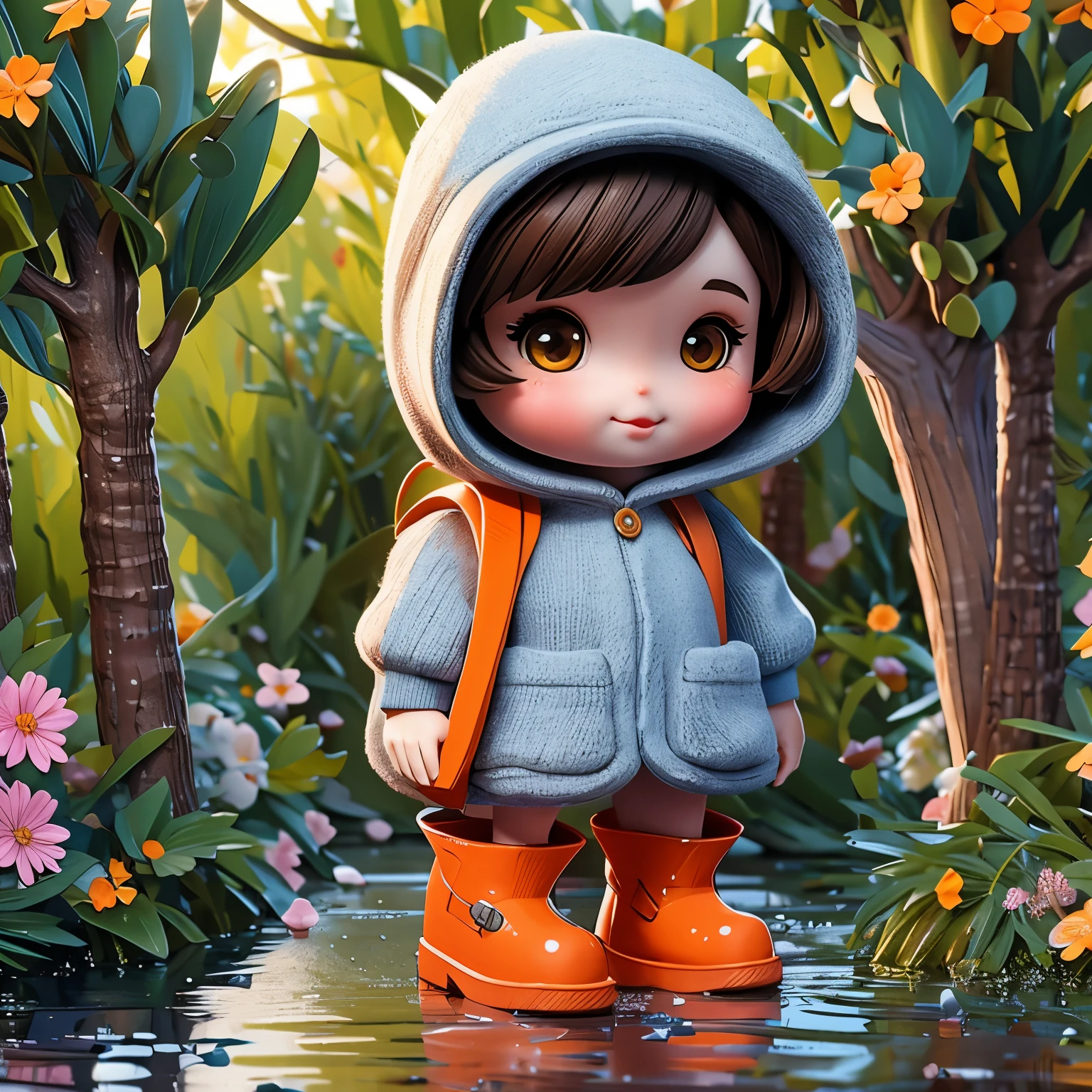 (best quality,4k,8k,highres,masterpiece:1.2),1 porcelain doll,dressed in knitted clothes,knitted sweater,fluffy texture,hooded garment,orange mini backpack,wearing blue rain boots,playing outdoors,stomping in puddles,splashing water,small flowers along the roadside,beautiful scenery