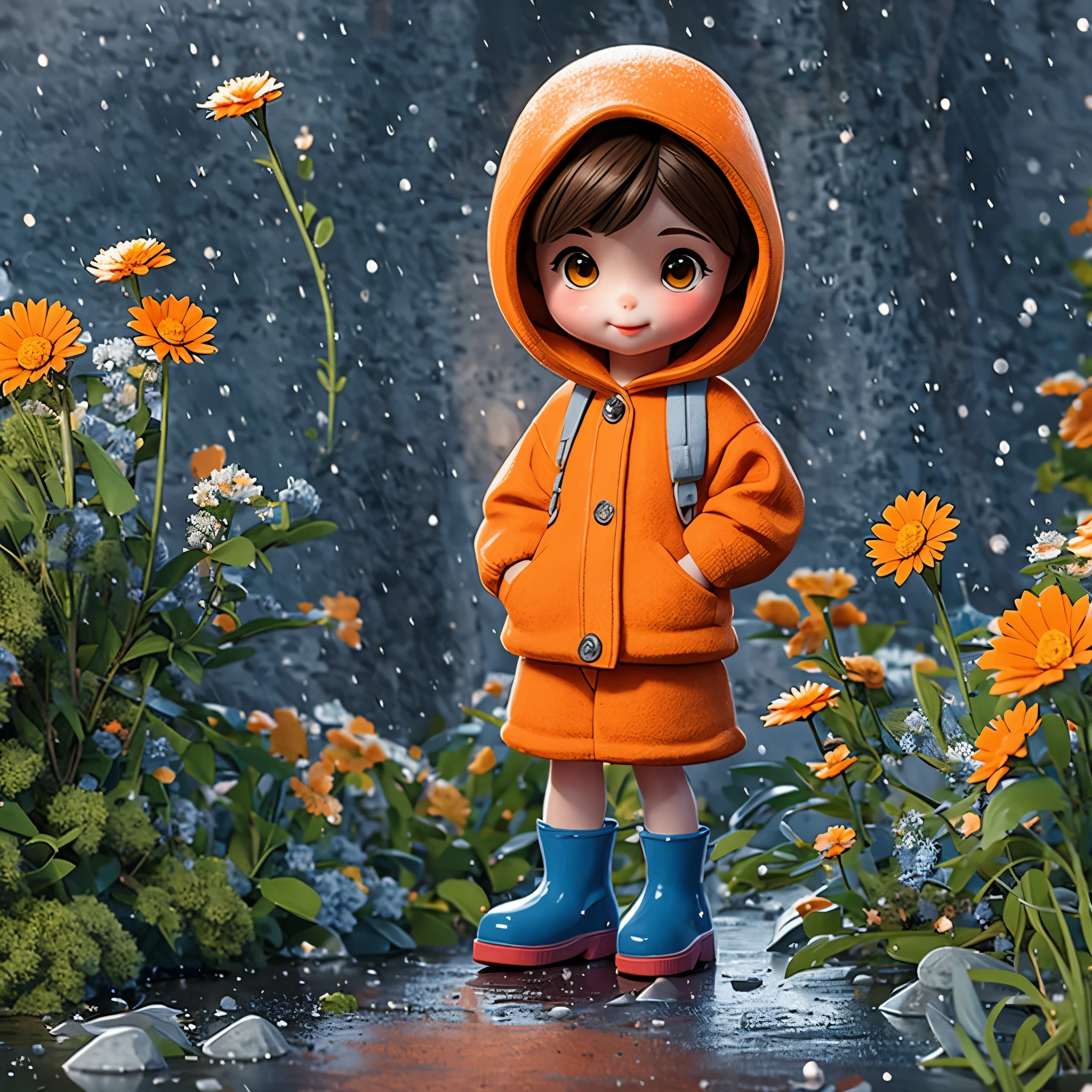 (杰作, 最好的质量:1.2),1个陶瓷娃娃，穿着毛衣服，毛衣，毛茸茸的质感，连帽衣服，橙色书包，穿蓝色雨靴，在外面玩，踩水坑，溅，路边的小花，美丽的风景，