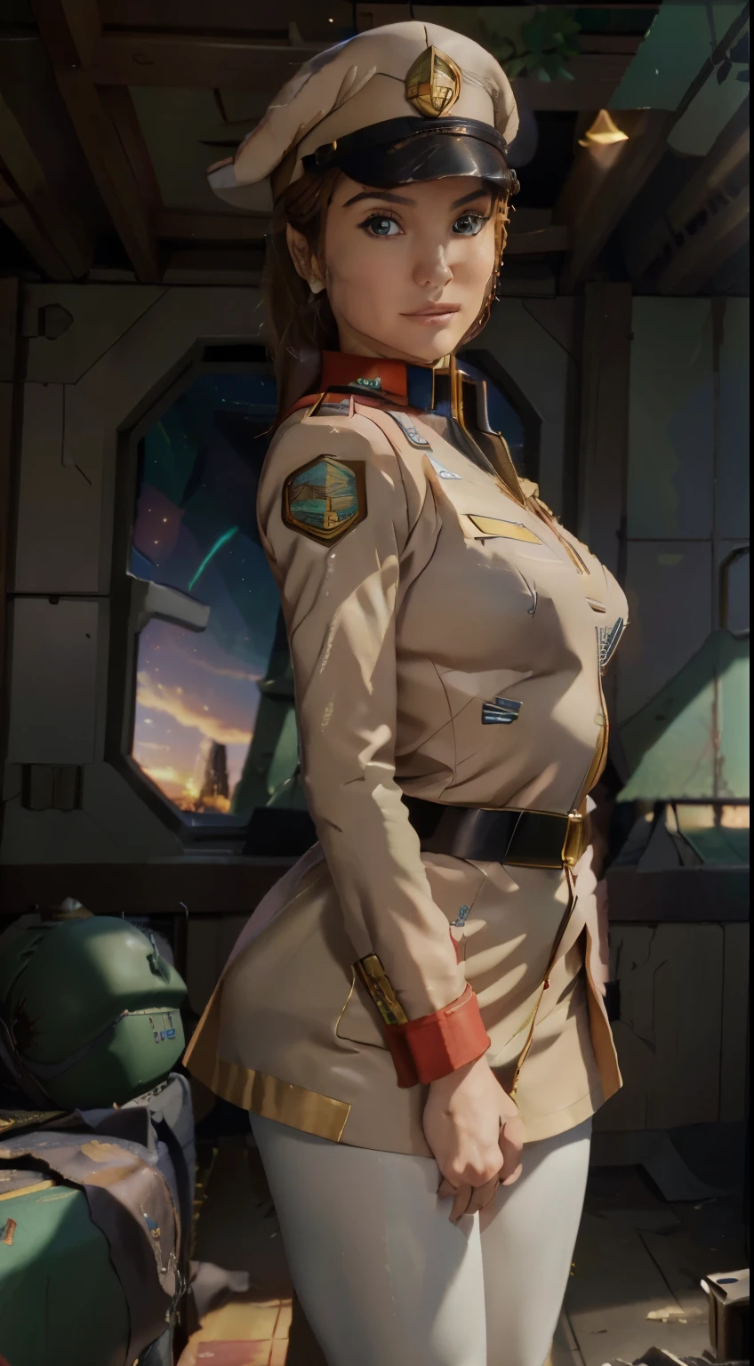 (((masterpiece,highest quality,In 8K,Super detailed,High resolution,anime style,absolutely))),17 years old、beautiful girl、A female officer of the Earth Federation Forces is standing,(alone:1.5),((ten huts:1.5)),(((seriously;1.5))),(((Salute with your right hand;1.5))),(((stretch your left hand straight:1.5))),(Angelina Jolie:1.5),(((The background is a military base 1.5))),((sunset:1.5)),((blur background:1.5))),break (Wearing the uniform of the Earth Federation Forces:1.5),(wearing federal employee&#39;hat of:1.5),(Beautiful woman:1.5),(Detailed facial depiction:1.5),(wallpaper:1.5),(whole body:1.5),((overlook:1.5))