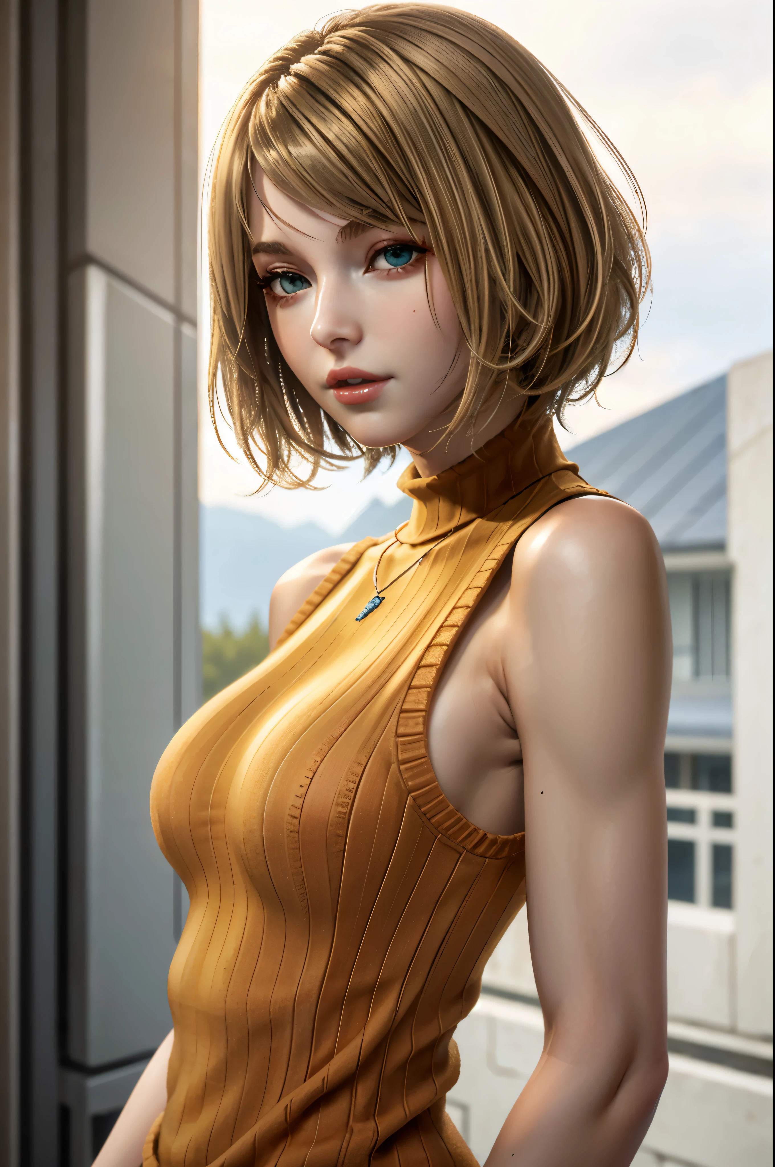 (masterpiece, best quality)
1girl, AshleyGrahamRE, solo, breasts, looking at viewer, short hair, blue eyes, shirt, bare shoulders, jewelry, medium breasts, green eyes, upper body, blonde hair, parted lips, sleeveless, necklace, sweater, lips, turtleneck, bob cut, ribbed sweater, realistic, nose, sleeveless turtleneck, orange shirt, orange sweater
