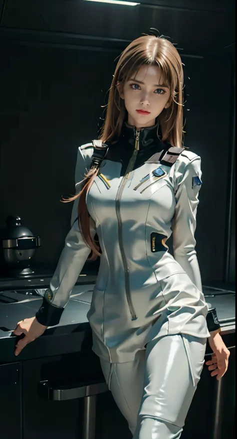 Arafe woman in uniform posing in the kitchen, wearing a space cadet costume, futuristic spaceship crew, ポートレート アニメ 宇宙士官候補生 girl,...