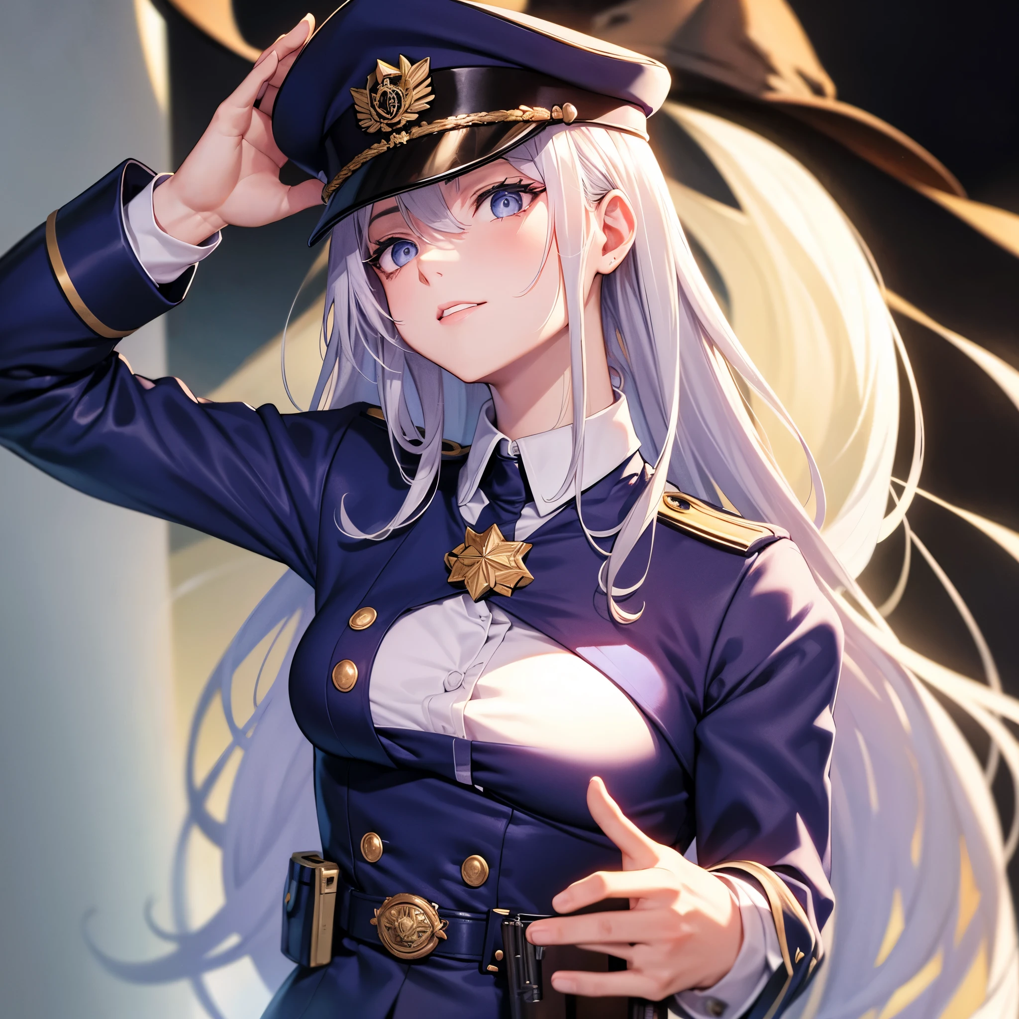 ((above-chest-view)), (fisheye:1.1), [face-close-up], eye-level, ([anime | realistic] style), ((CG)), (Vladilena Milizé), solo character, hold a handgun,(gun aiming at you:1.3), [sliver|white] long hair, grey and sliver eyes, (steely eyes), beautiful eyes, blue headwear, blue jacket, blue skirt, hat, jacket, military, military hat, military uniform, peaked cap, dust in the war ground, cinematic lighting, ray tracing, (face detail), ,(lens flare:0.8), ((masterpiece)), ((super detail)), (high details), (high quality), best quality, textured skin, accurate