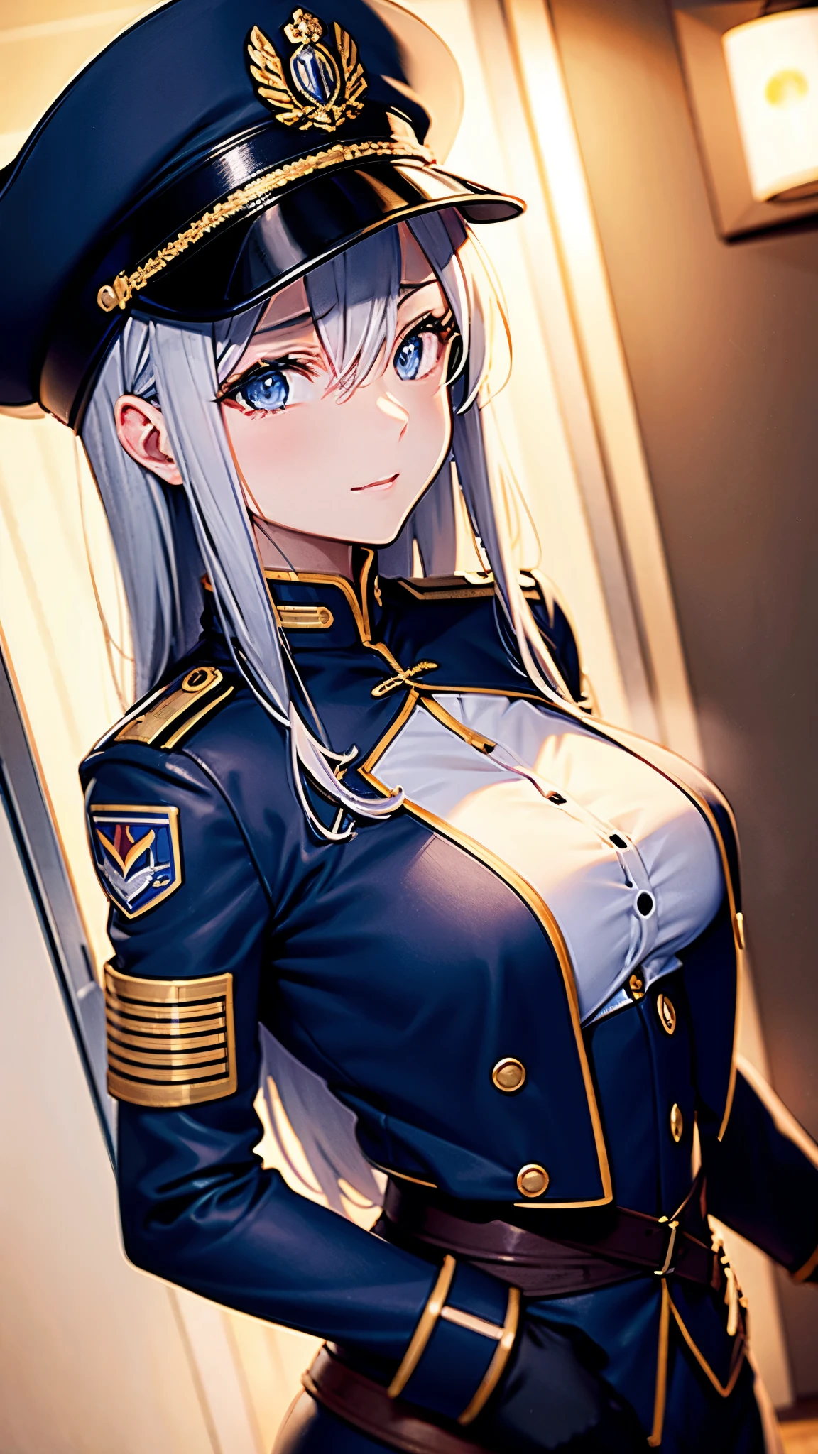 (vladilena milize)), staring at the viewer, long hair, grey hair, grey and sliver eyes, bright and beautiful eyes, blue headwear, blue jacket, jacket, military, military hat, military uniform, peaked cap, hat, blue skirt, background in the war fire, eye-level,((above-chest-view)), fisheye,((face-close-up)), (anime AND realistic style:0.7:0.3), cinematic lighting, ray tracing, (face detail), ,(lens flare:0.8), ((masterpiece)), ((super detail)), (high details), (high quality), best quality, textured skin, accurate