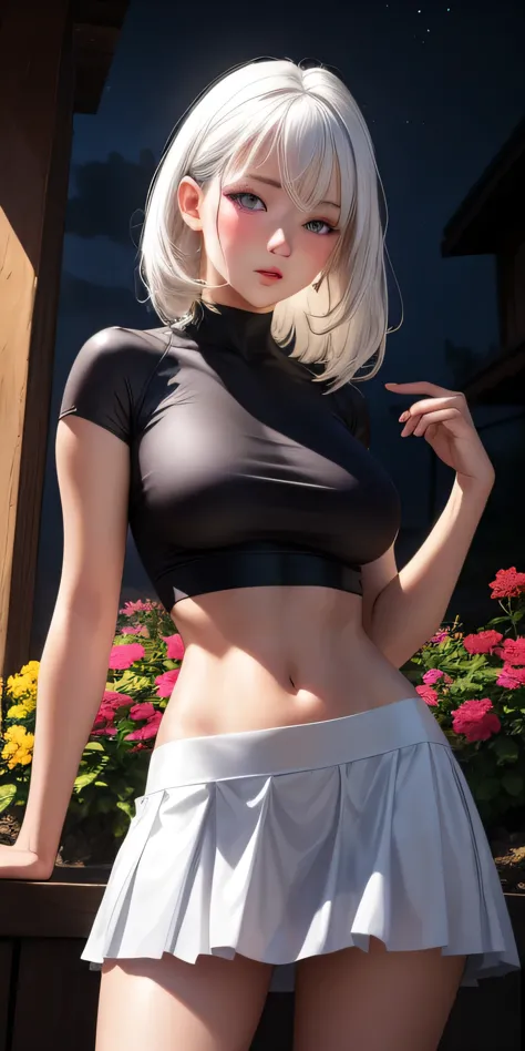 realistic, 1girl, white hair, purple eyes, glowing eyes, crop top, skirt, parted lips, blush, night, flowers, sun, sunlight,