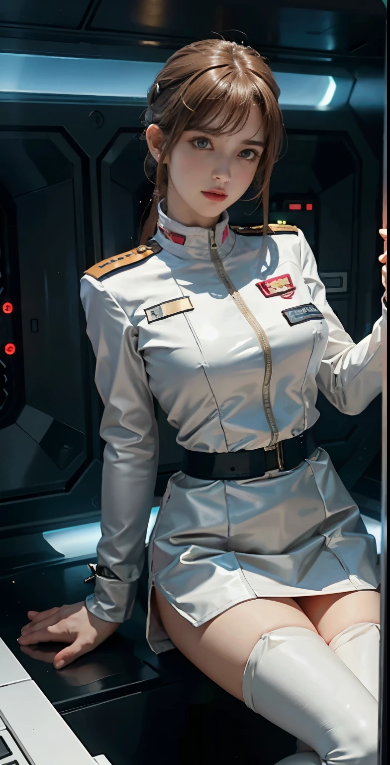 JK mulher vestindo uniforme militar federal, minissaia com pernas nuas、pernas abertasmostrar calcinha branca,sexy、vestindo uniforme de lanchonete rr, vestindo uma fantasia de cadete espacial, uniforme jk, Pilot costume, Sra.、Uniforme Rosa da Commonwealth、uniforme completo, vestindo roupas de tecnologia espacial, tripulação de nave espacial futurista, uniforme branco, retrato anime espaço cadete garota, terno branco liso e justo, vestindo um macacão da força aérea humana, vestindo um macacão atômico, garota de uniforme