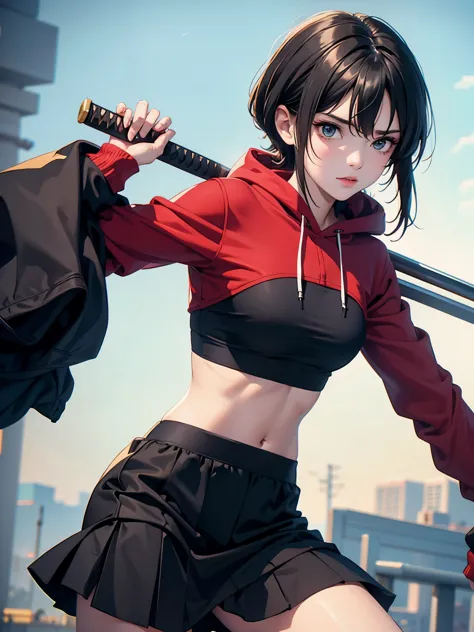 1woman, muscles, fighting stand, black short hair, hoodie, skirt, sport bra, holding katana