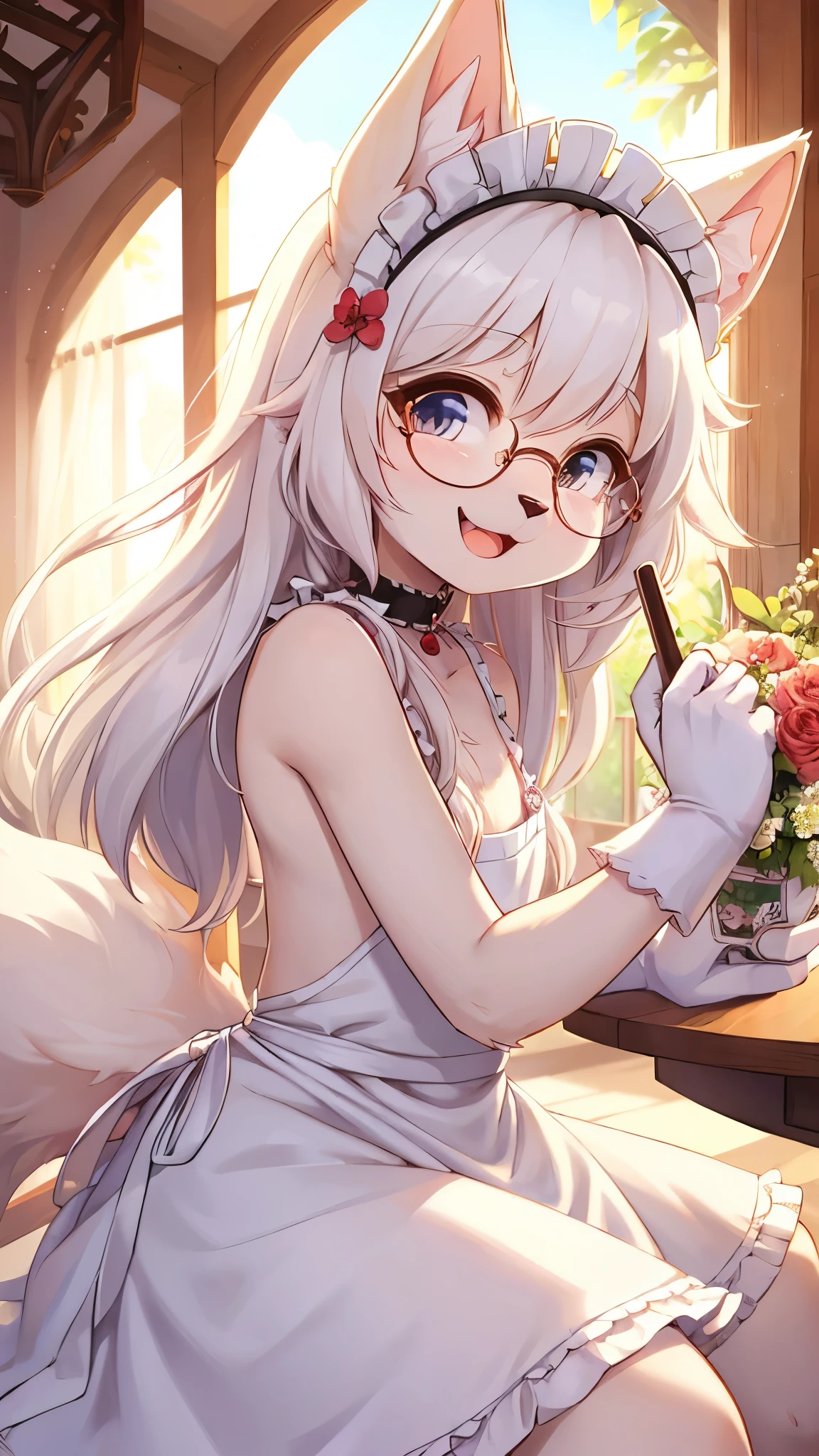 Anime girl with cat ears and glasses holding a flower - SeaArt AI