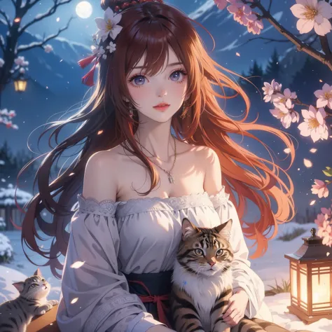Anime girl and a cat sitting on a bench in the snow, anime style 4k, Beautiful anime catgirl, very Beautiful anime cat girl, Ani...