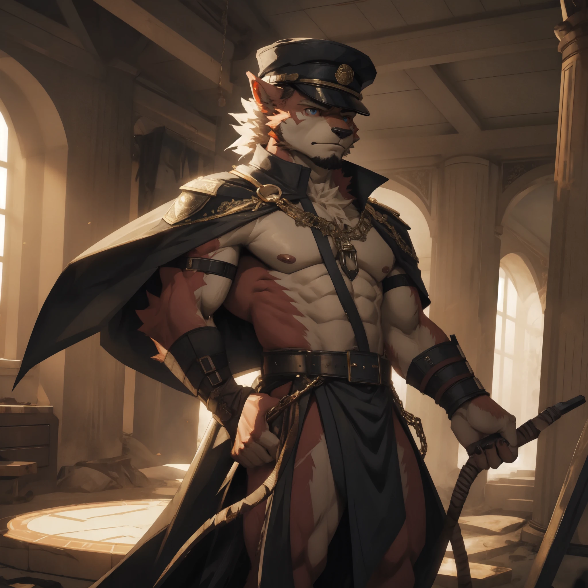 Highest quality，Delicate painting style，Exquisite hook line，Delicate skin，fine hair，Slender hands，exquisite eyes，normal eyes，Black Dragon Orcs，yellow eyes，Handsome，barracks, red pupils, trial room, criminal department，, Mottled light and shadow, boys，There are God&#39;s bright eyes，black military uniform，black military cap，Big hat，SS，red armband，戴red armband，black cloak，black cloak，Holding a long leather whip in his hand，，attack，cold，fiercely，cold，ruthless