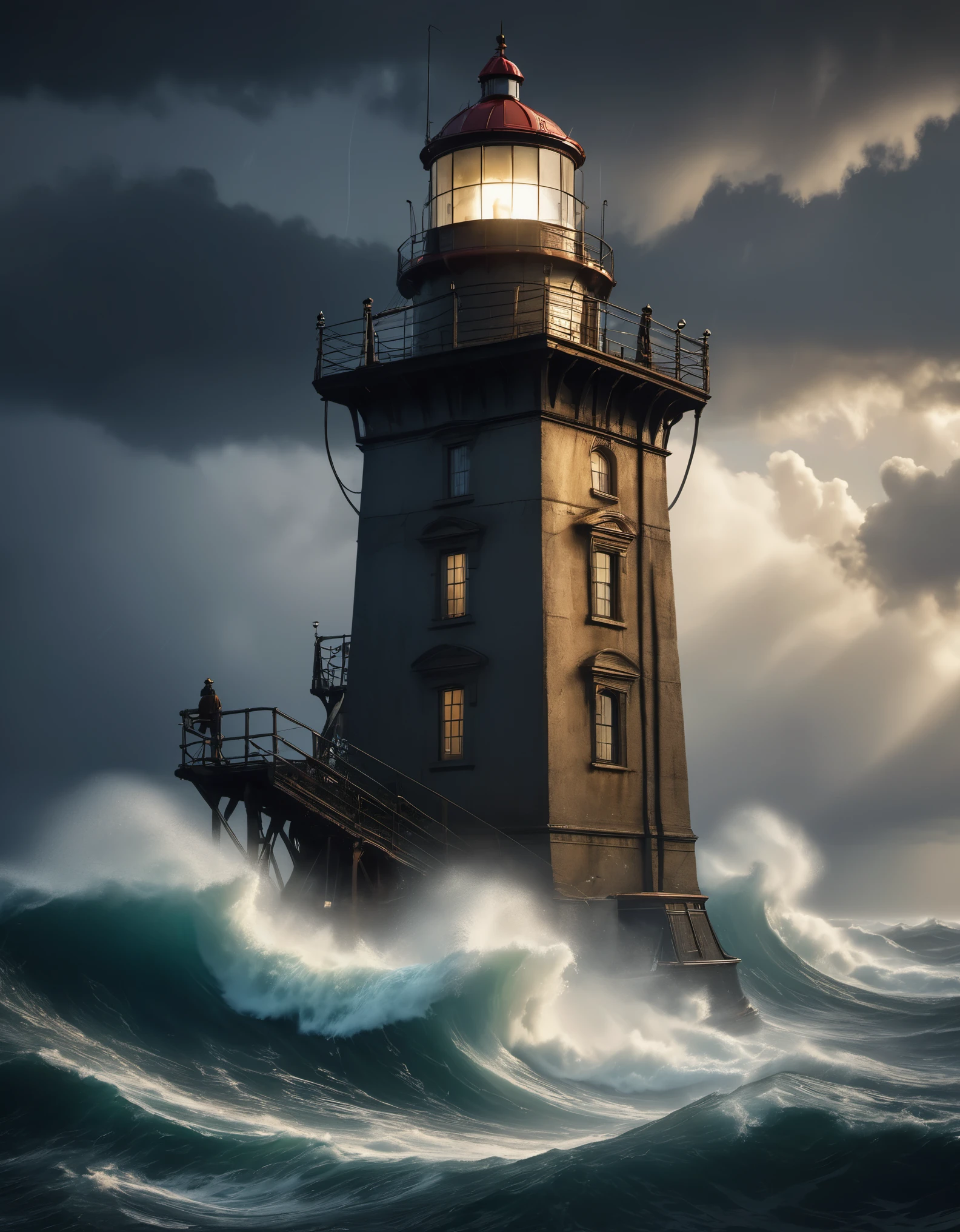 (The tower keeper stands on the lighthouse, holding the searchlight), guiding the boat in the distance, rough brown skin, carved wrinkled face, vicissitudes of life, wearing raincoat, epic picture, turbulent waves, mottled old iron railings, background: rainstorm is falling
Photography, Andrei Remnev, Masterpiece, Conte, Realism, Ice Age, Intense Atmosphere, Unreal Engine, Octane rendering, Corona rendering, Quixel Megascans rendering, V-Ray, High Detail, High Quality, High Resolution, Art Stage Trends, Surrealism, HD, 16K, Depth of Field (DOF), Waist shot (WS), Close ups, Rembrandt Lighting,