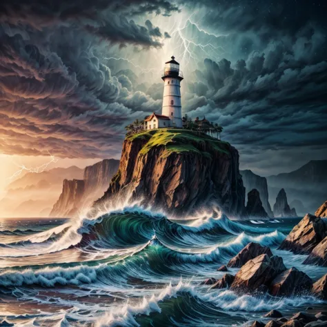 lighthouse, Ocean, lightning, storm, night, lights, rough waves, Surrealism, cinematic lighting, UHD, retina, masterpiece, ccura...