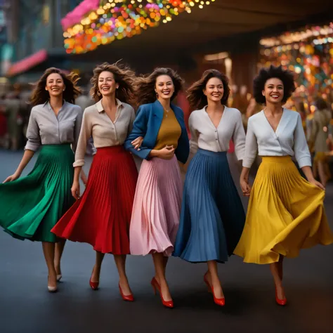 group photo of smiling, authentic, (shy:1,3), kind, beautiful women, passionately in love with their skirts, dancing sensually w...