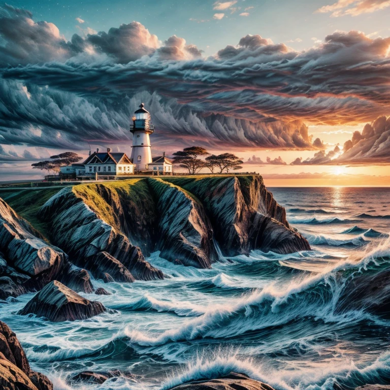 lighthouse:1.5, Ocean, lightning, storm, night, lights, rough waves, Contemporary art, UHD, retina, masterpiece, ccurate, super detail, high details, high quality, best quality, highres