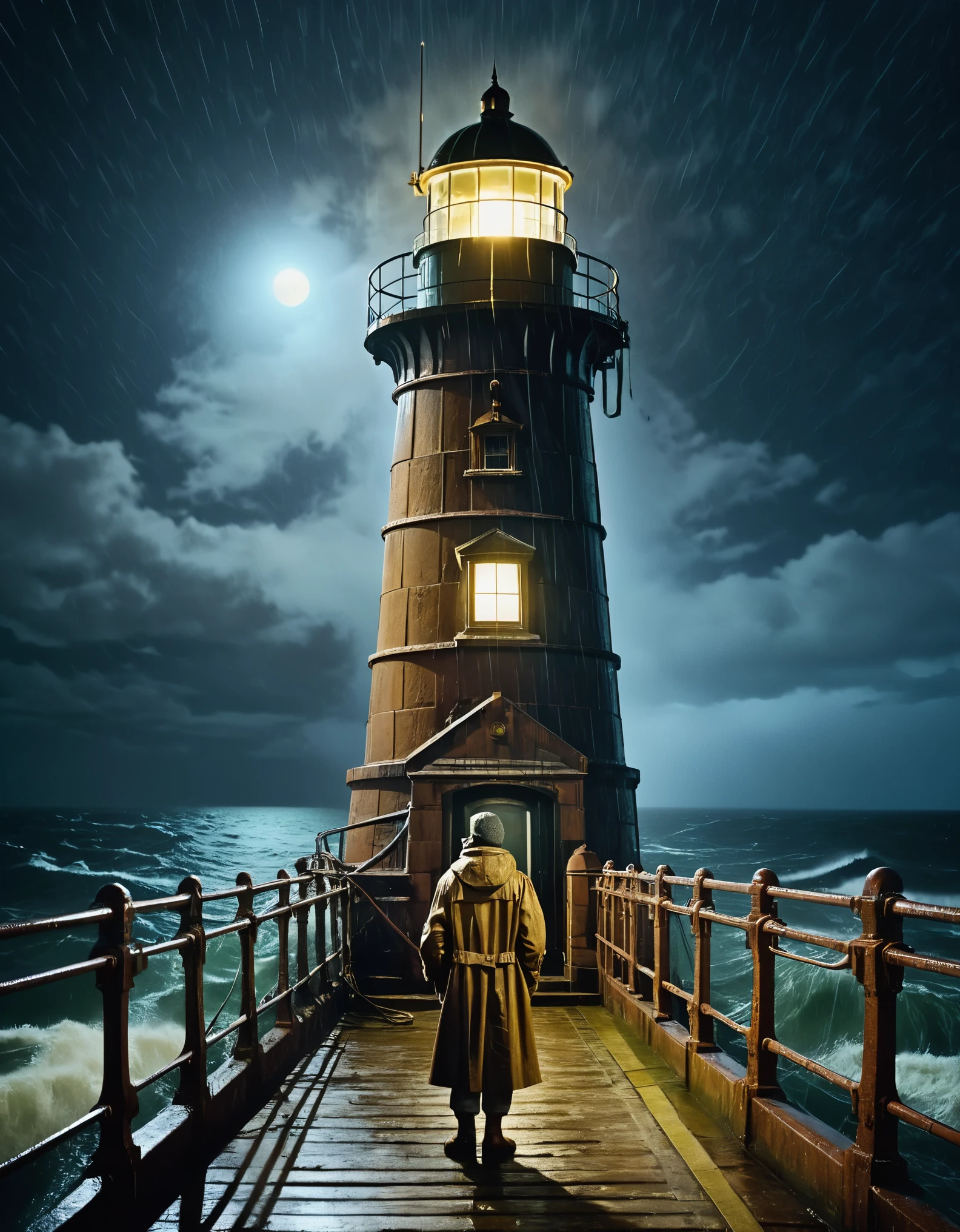 (The tower keeper stands on the lighthouse, holding a searchlight), guiding the boat in the distance, rough brown skin, carved wrinkled face, vicissitudes, wearing raincoats, rough waves, mottled old iron railings, beams, moonlit night, background: it is raining heavily.,Analog Film,Dystopian,Long Exposure,(The tower keeper stands on the lighthouse, holding a searchlight), guiding the boat in the distance, rough brown skin, carved wrinkled face, vicissitudes, wearing raincoats, rough waves, mottled old iron railings, beams, moonlit night, background: it is raining heavily.,Analog Film,Dystopian,Long Exposure,