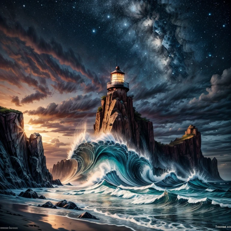 lighthouse:1.5, Ocean, lightning, storm, night, darkness, jet black, Lights, lights, rough waves, Contemporary art, UHD, retina, masterpiece, ccurate, super detail, high details, high quality, best quality, highres