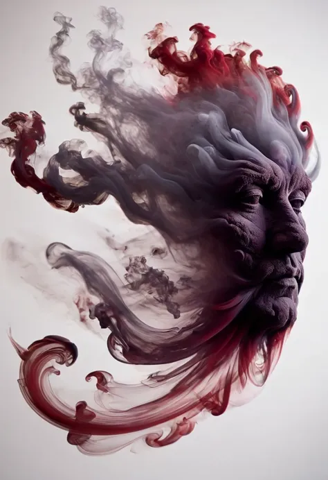 smoky art, man, smoky sage man, red dark silhouette of an old sage man floats in the space between the top and bottom and repres...