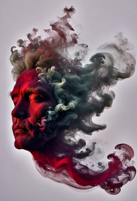 Smoky Art, man, smoky sage man, red dark silhouette of an old sage man floats in the space between the top and bottom and repres...