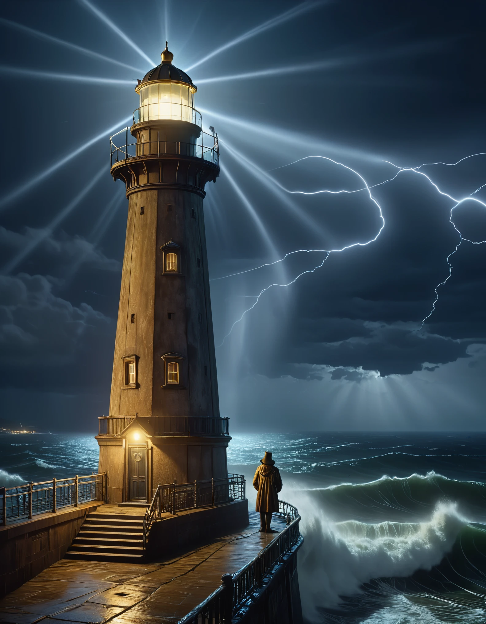 (The tower keeper stands on the lighthouse, holding the searchlight), guiding the boat in the distance, rough brown skin, carved wrinkled face, vicissitudes of life, wearing raincoat, surging waves, mottled old iron railings, light beams, moonlight, background: rainstorm is falling
Photography, Andre Remnev, Masterpiece, Conte, Realism, Diablo, Gothic Art, Intense Atmosphere, Unreal Engine, Octane rendering, Corona rendering, Quixel Megascans rendering, V-Ray, High Detail, High Quality, High Resolution, Art Stage Trends, Surrealism, HD, 16K, Depth of Field (Dof), Waist shot (WS), Close ups, Rembrandt lighting, Epic visuals,