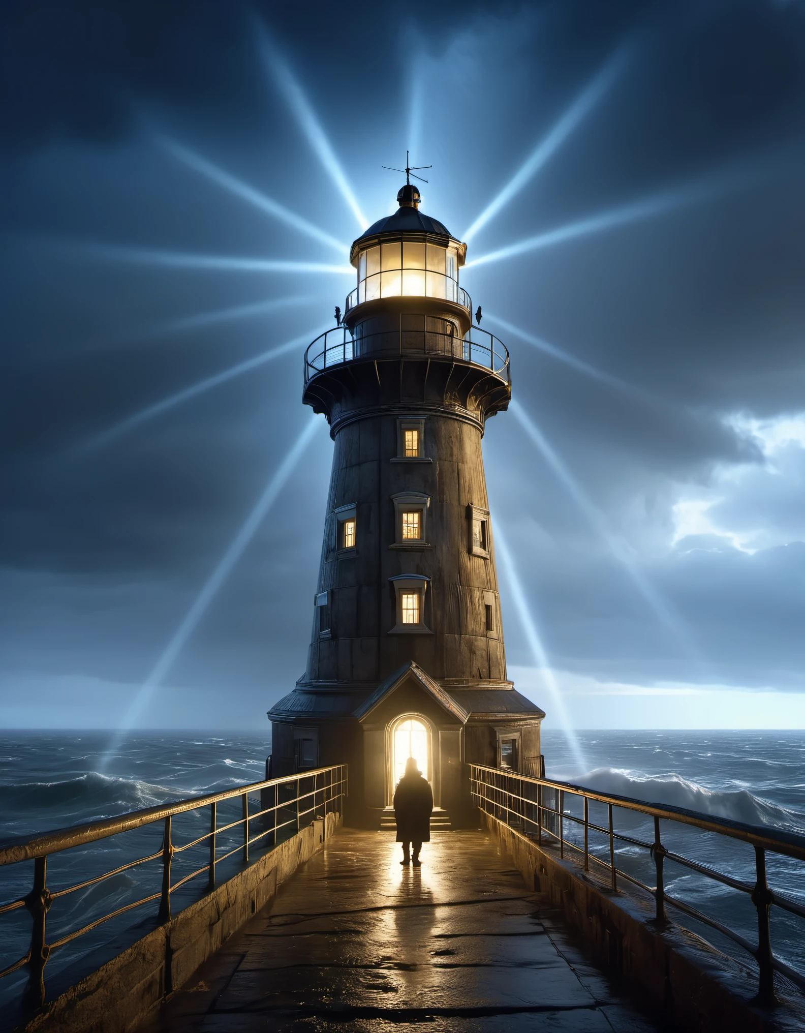 (A watchman standing on the dilapidated lighthouse holding up the searchlight), guiding the boat in the distance, rough brown skin, carved wrinkled face, vicissitudes of life, wearing raincoat, surging waves, light beams, moonlight, background: rainstorm is falling, photography, Andre Ramnev, masterpieces, Kont, realism, Diablo, Gothic art, strong atmosphere, illusory engine, octahedral rendering Corona rendering, Quixel Megascans rendering, V-Ray, high detail, high quality, high resolution, artistic stage trends, surrealism, high-definition, 16K, depth of field (Dof), waist shot (WS), close-up, Rembrandt lighting, epic visual effects, top view,