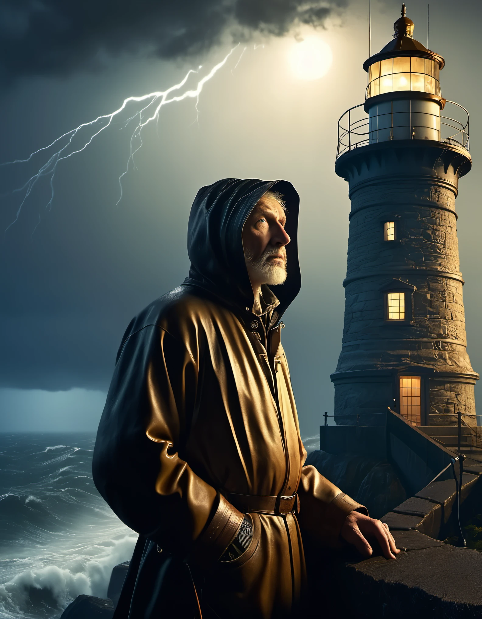 (A close-up of a tower keeper standing on a towering lighthouse on the cliff with a searchlight held high), he is looking down to guide the boat in the distance. He has rough brown skin and a carved wrinkled face. He is vicissitudes of life, wearing a hooded raincoat, surging waves, light beams, moonlight, background: rainstorm is falling, photography, Andre Remnev, masterpiece, Kont, realism, Diablo, Gothic art, Strong atmosphere, illusory engine, Quixel Megascans rendering, V-Ray, high details, high quality, high resolution, artistic stage trends, surrealism, high-definition, 16K, depth of field (Dof), waist shot (WS), close-up, Rembrandt lighting, epic visual effects, top view,