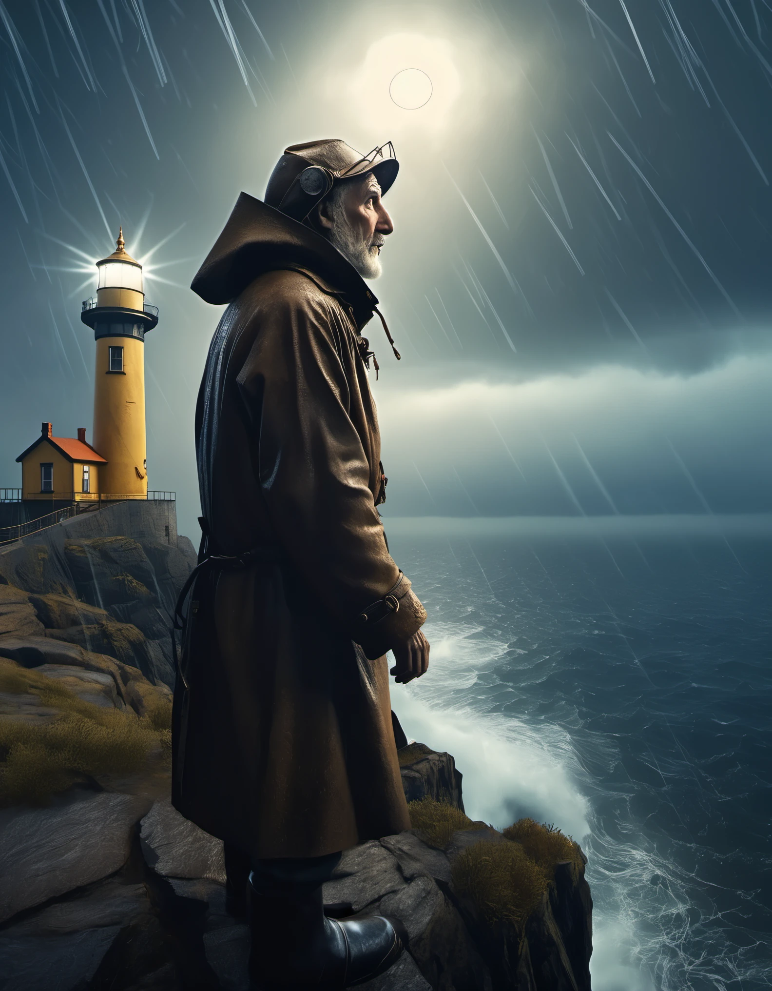 (A close-up of a tower keeper standing on a towering lighthouse on the cliff with a searchlight held high), he is looking down to guide the boat in the distance. He has rough brown skin and a carved wrinkled face. He is vicissitudes of life, wearing a hooded raincoat, surging waves, light beams, moonlight, background: rainstorm is falling, photography, Andre Remnev, masterpiece, Kont, realism, Diablo, Gothic art, Strong atmosphere, illusory engine, Quixel Megascans rendering, V-Ray, high details, high quality, high resolution, artistic stage trends, surrealism, high-definition, 16K, depth of field (Dof), waist shot (WS), close-up, Rembrandt lighting, epic visual effects, top view,