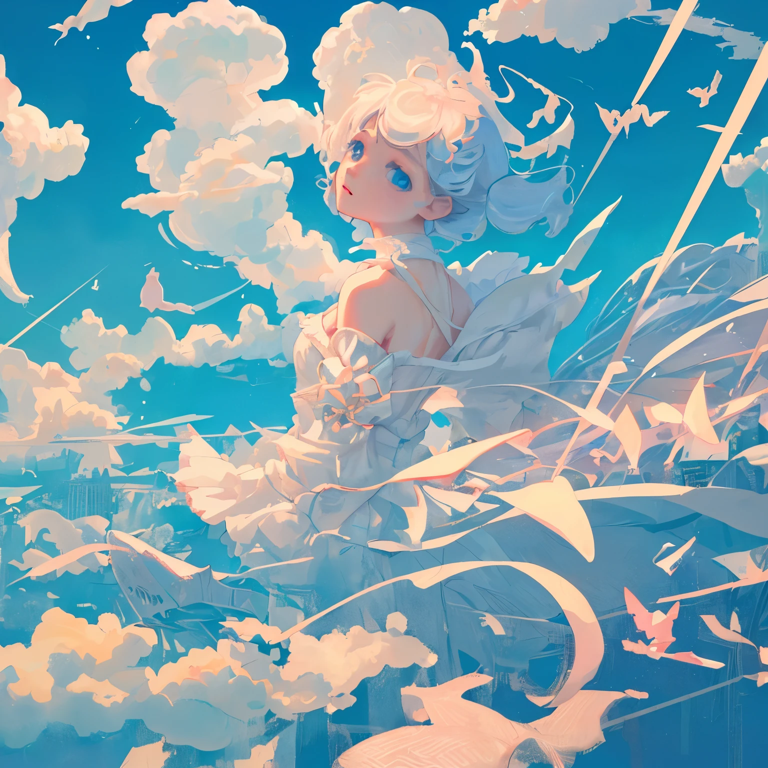 masterpiece, best quality, movie still, 1girl, floating in the sky, cloud girl, cloud, (close-up:1.1), bright, happy, fun, soft lighting, (Bauhaus, shapes, lines, abstract:1.1)