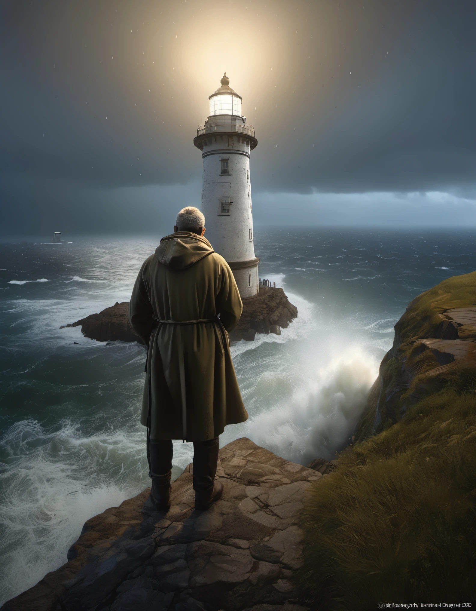 (A tower keeper holding a searchlight is guiding) On the towering lighthouse on the cliff, he is looking down to guide the boat in the distance. He has rough brown skin and a carved and wrinkled face. He is vicissitudes of life, wearing a hooded raincoat, surging waves, light beams, moonlight, background: rainstorm is falling, photography, Andre Remnev, masterpieces, Conte, realism, Diablo, Gothic art, strong atmosphere, illusory engine, Quixel Megascans rendering, V-Ray, high details, high quality, high resolution, artistic stage trends, surrealism, high-definition, 16K, depth of field (Dof), waist shot (WS), close-up, Rembrandt lighting, epic visual effects, top view,