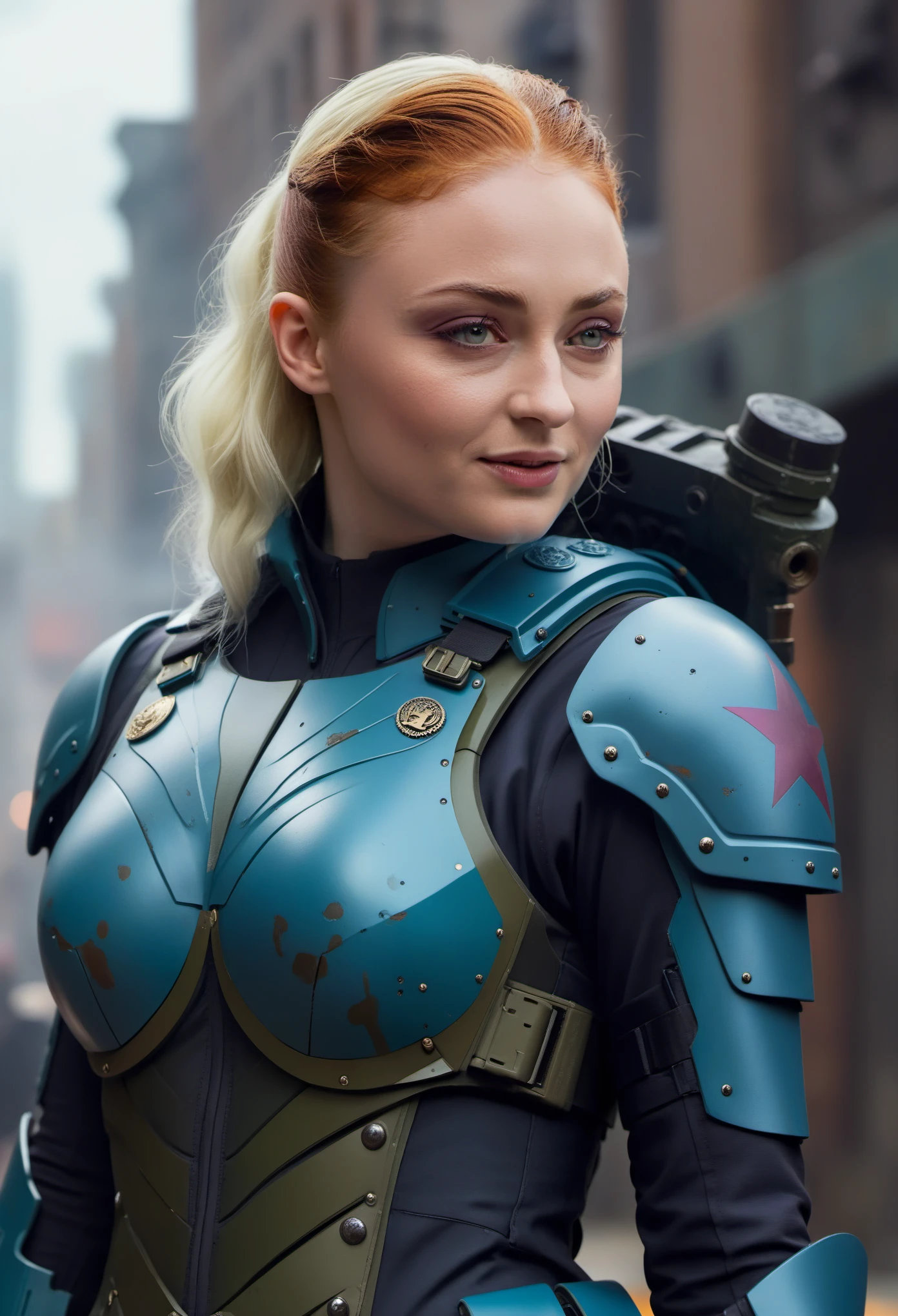 torso shot, facing front, best quality, masterpiece, cyberpunk Sophie Turner as 1girl, (solo:1.3), ultra detailed,detailed face, 8k wallpaper, platinum white hair in side cut fashion, wide hips, smile, military female soldier with gear of war, city background, smoke and rubbles, by gustav klimt , atey ghailan, by greg rutkowski, by greg tocchini, by james gilleard, by joe fenton, by kaethe butcher, gradient blue,  green and purple color scheme