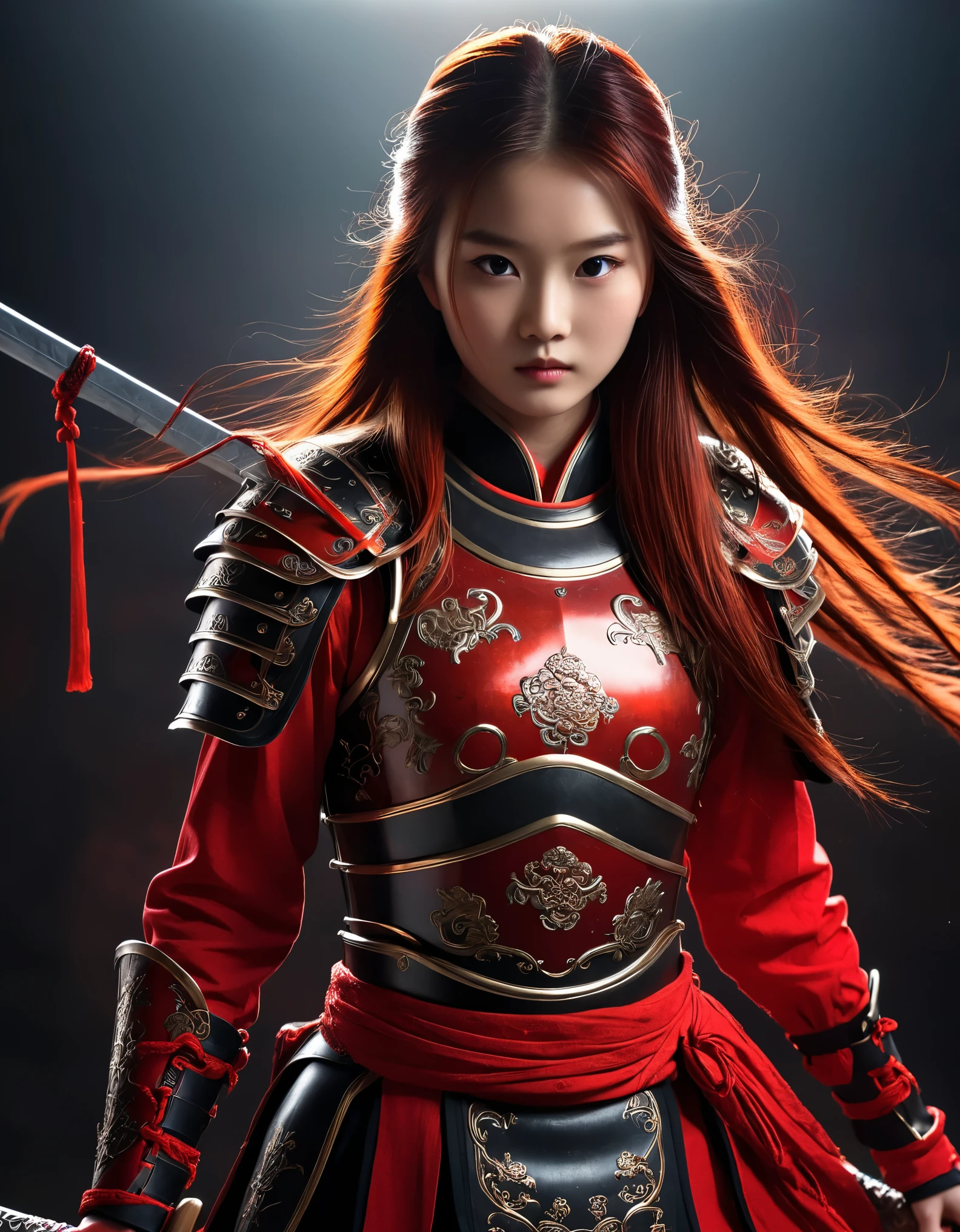 Ancient Chinese style, red armor, long haired child, girl's child, black long hair, wielding sword, beautiful facial features, bright background, cinematic lighting. Ancient Chinese style, red armor, long haired woman, wielding sword, beautiful facial features, black background, cinematic lighting, full body - v 5.1