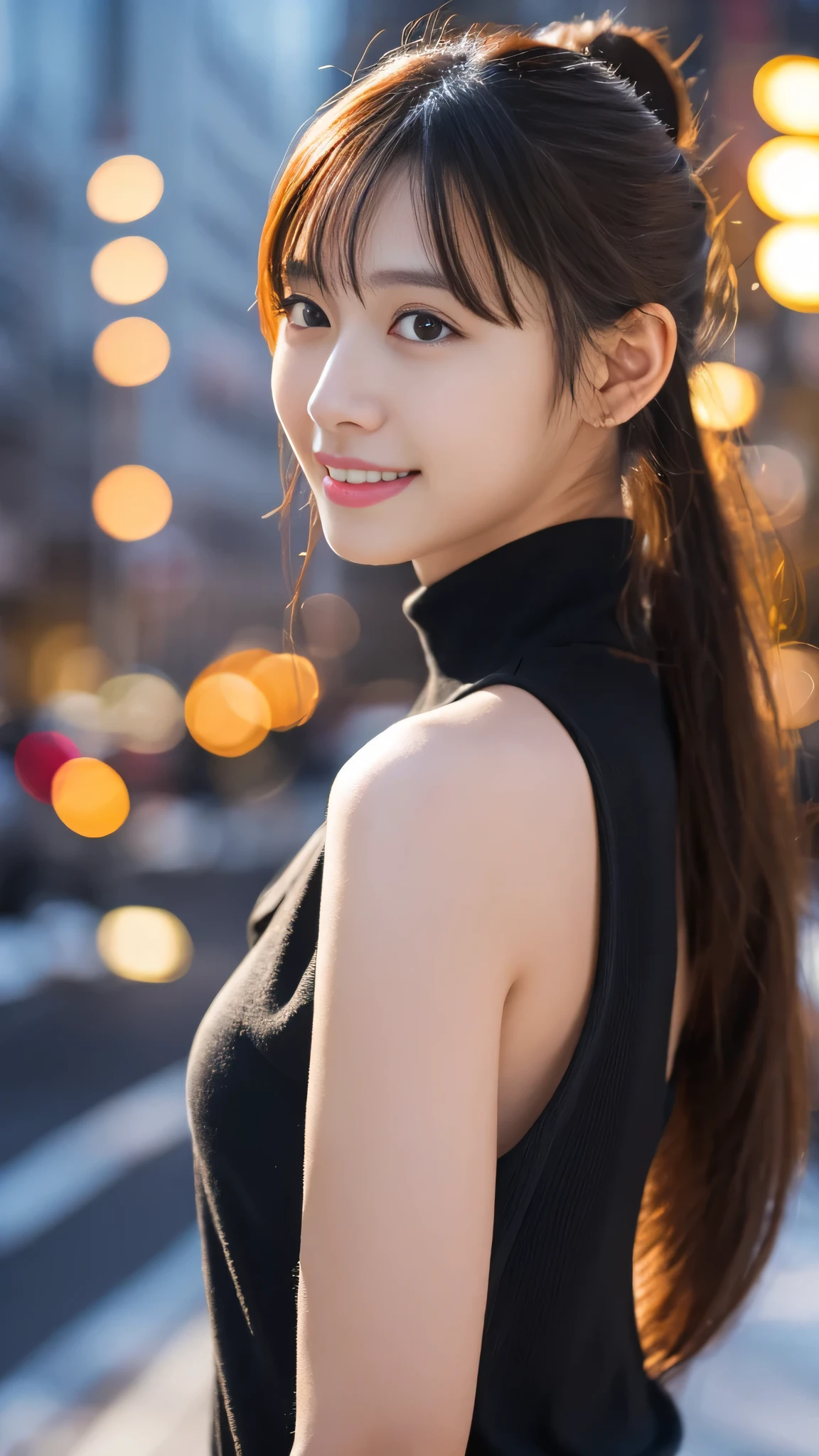 1 girl, (Wearing a black blouse:1.2), beautiful japanese actress, (ponytail:1.3),
(RAW photo, highest quality), (realistic, Photoreal:1.4), masterpiece, 
very delicate and beautiful, very detailed, 2k wallpaper, wonderful, 
finely, Very detailed CG Unity 8k 壁紙, Super detailed, High resolution, 
soft light, beautiful detailed girl, very detailed目と顔, beautifully detailed nose, beautiful and detailed eyes, cinematic lighting, 
BREAK
(Against the backdrop of a snowy night cityscape 1.3), city lights, 
perfect anatomy, slender body, smile, Face the front completely, look at the camera