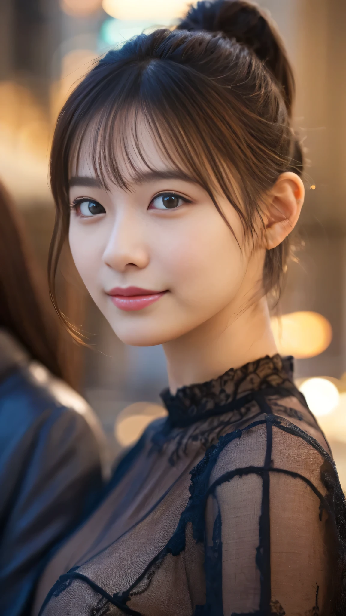 1 girl, (Wearing a black blouse:1.2), beautiful japanese actress, (ponytail:1.3),
(RAW photo, highest quality), (realistic, Photoreal:1.4), masterpiece, 
very delicate and beautiful, very detailed, 2k wallpaper, wonderful, 
finely, very detailed CG Unity 8K 壁紙, Super detailed, High resolution, 
soft light, beautiful detailed girl, very detailed目と顔, beautifully detailed nose, beautiful and detailed eyes, cinematic lighting, 
break
(Against the backdrop of a snowy night cityscape 1.3), city lights, 
perfect anatomy, slender body, smile, Face the front completely, look at the camera