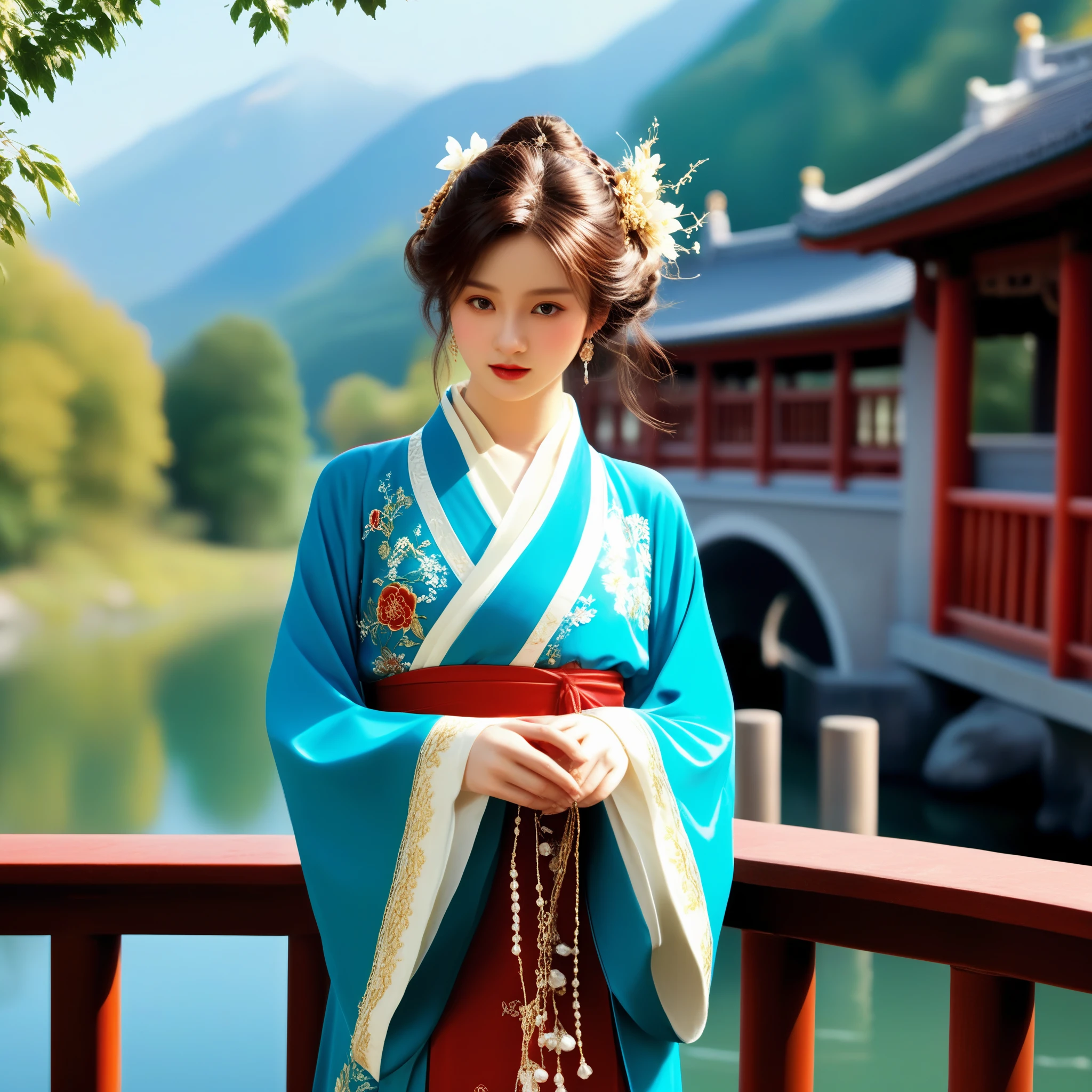 photorealistic,realistic,masterpiece,best quality,4k,，
A girl standing near the bridge over the lake, Wear new Chinese clothing that combines traditional Chinese Hanfu and modern clothing elements, Showing a unique oriental charm. Her clothes are mainly in red and white colors, With exquisite embroidery and beadwork, Showing the profound heritage of Chinese traditional culture. Her hairstyle is simple yet elegant, Wearing gorgeous hair accessories, Adds a splash of color to the overall look. Her makeup is delicate and elegant, Highlighting her natural beauty. Her eyes are bright and energetic, It seemed to be telling her inner story. Her skin is fair and delicate, Exudes a charming luster. Her figure is graceful and dignified, Exudes a noble temperament. She stood on the bridge by the lake, Behind you are the sparkling water and the mountains in the distance., It forms a beautiful picture. The sun shines on her body, Contrast between light and dark, highlighting her theme.