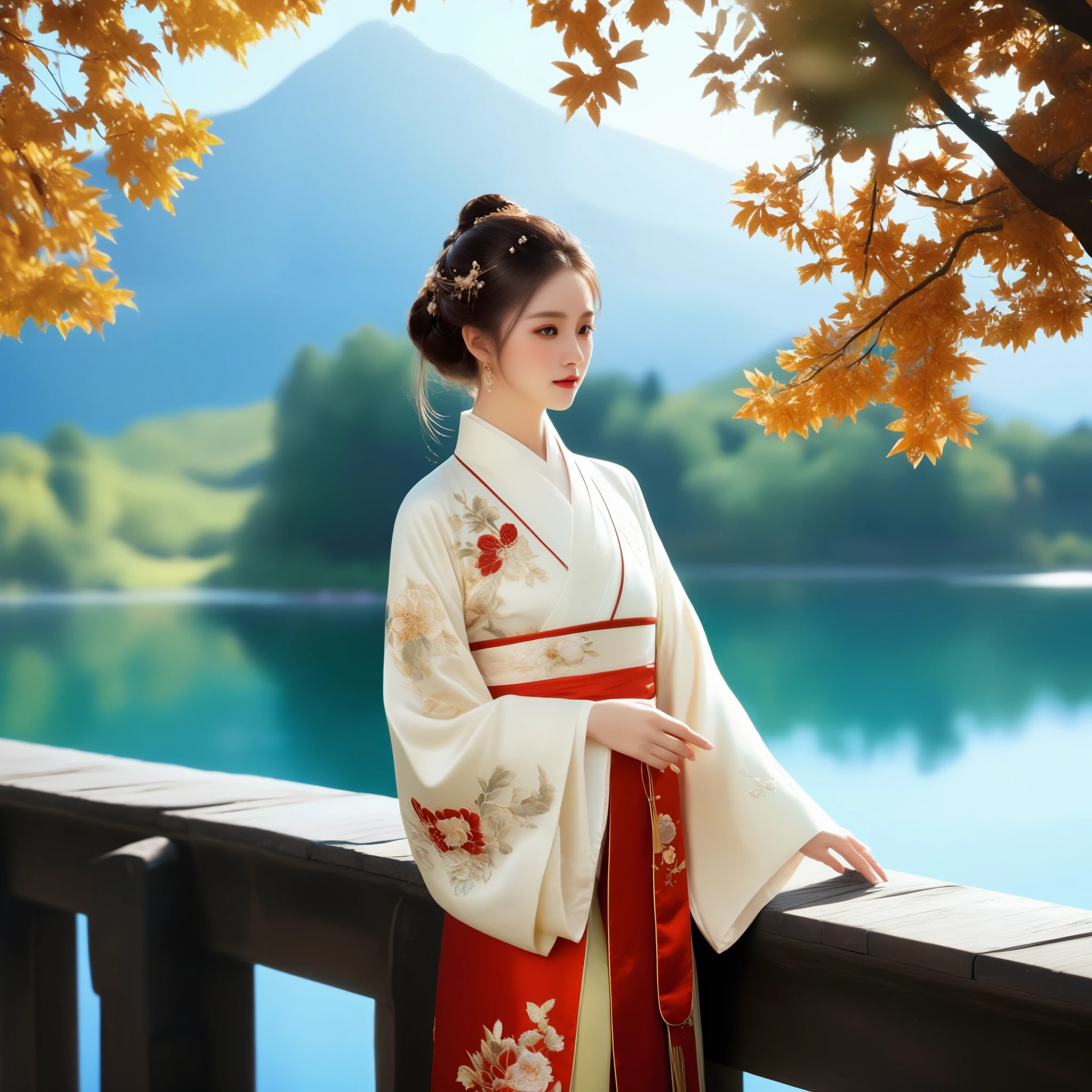 photorealistic,realistic,masterpiece,best quality,4k,，
A girl standing near the bridge over the lake, Wear new Chinese clothing that combines traditional Chinese Hanfu and modern clothing elements, Showing a unique oriental charm. Her clothes are mainly in red and white colors, With exquisite embroidery and beadwork, Showing the profound heritage of Chinese traditional culture. Her hairstyle is simple yet elegant, Wearing gorgeous hair accessories, Adds a splash of color to the overall look. Her makeup is delicate and elegant, Highlighting her natural beauty. Her eyes are bright and energetic, It seemed to be telling her inner story. Her skin is fair and delicate, Exudes a charming luster. Her figure is graceful and dignified, Exudes a noble temperament. She stood on the bridge by the lake, Behind you are the sparkling water and the mountains in the distance., It forms a beautiful picture. The sun shines on her body, Contrast between light and dark, highlighting her theme.