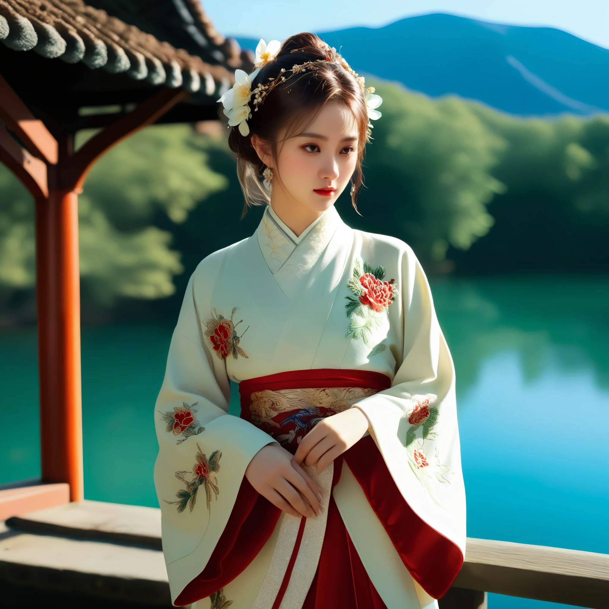 photorealistic,realistic,masterpiece,best quality,4k,，
A girl standing near the bridge over the lake, Wear new Chinese clothing that combines traditional Chinese Hanfu and modern clothing elements, Showing a unique oriental charm. Her clothes are mainly in red and white colors, With exquisite embroidery and beadwork, Showing the profound heritage of Chinese traditional culture. Her hairstyle is simple yet elegant, Wearing gorgeous hair accessories, Adds a splash of color to the overall look. Her makeup is delicate and elegant, Highlighting her natural beauty. Her eyes are bright and energetic, It seemed to be telling her inner story. Her skin is fair and delicate, Exudes a charming luster. Her figure is graceful and dignified, Exudes a noble temperament. She stood on the bridge by the lake, Behind you are the sparkling water and the mountains in the distance., It forms a beautiful picture. The sun shines on her body, Contrast between light and dark, highlighting her theme.