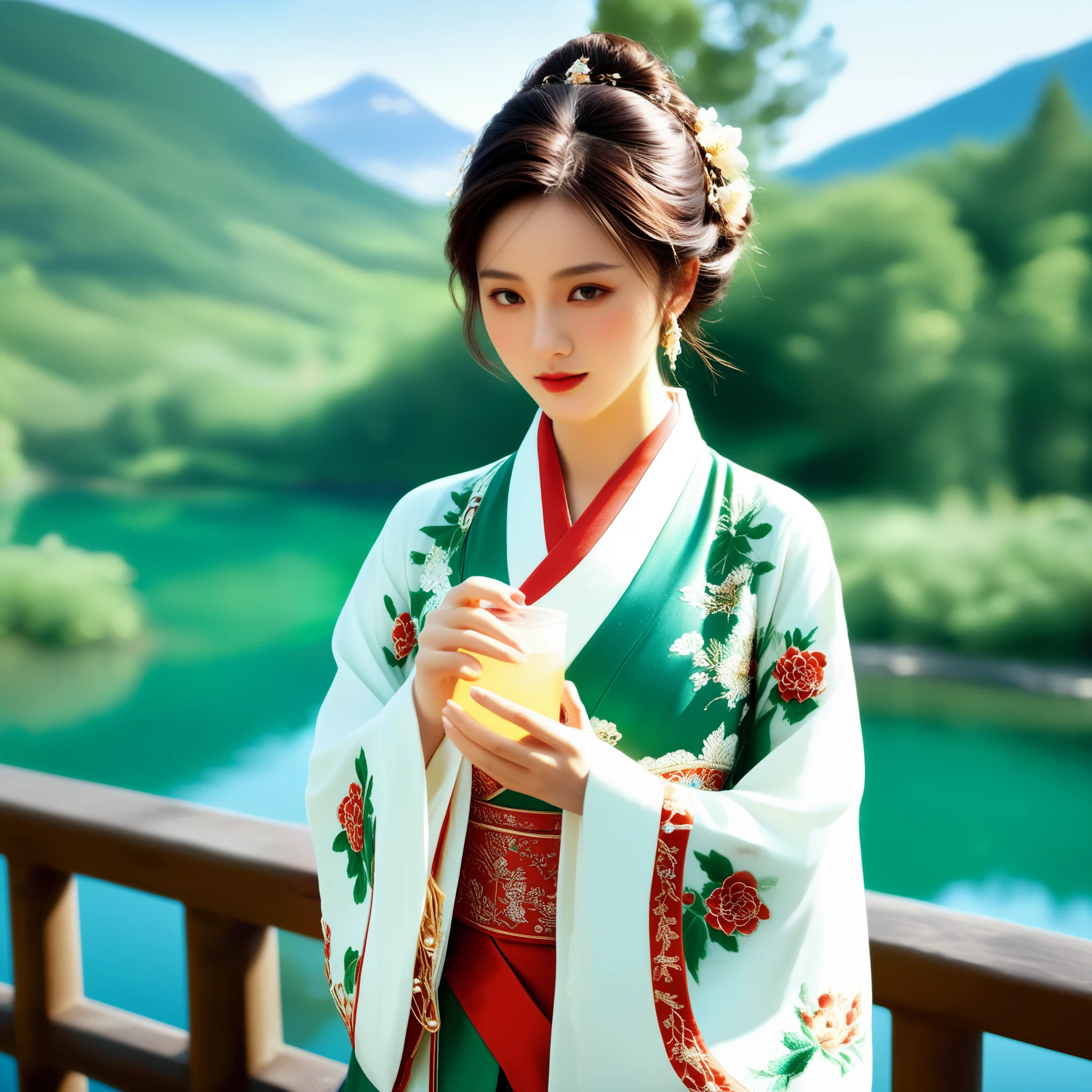 photorealistic,realistic,masterpiece,best quality,4k,，
A girl standing near the bridge over the lake, Wear new Chinese clothing that combines traditional Chinese Hanfu and modern clothing elements, Showing a unique oriental charm. Her clothes are mainly in red and white colors, With exquisite embroidery and beadwork, Showing the profound heritage of Chinese traditional culture. Her hairstyle is simple yet elegant, Wearing gorgeous hair accessories, Adds a splash of color to the overall look. Her makeup is delicate and elegant, Highlighting her natural beauty. Her eyes are bright and energetic, It seemed to be telling her inner story. Her skin is fair and delicate, Exudes a charming luster. Her figure is graceful and dignified, Exudes a noble temperament. She stood on the bridge by the lake, Behind you are the sparkling water and the mountains in the distance., It forms a beautiful picture. The sun shines on her body, Contrast between light and dark, highlighting her theme.