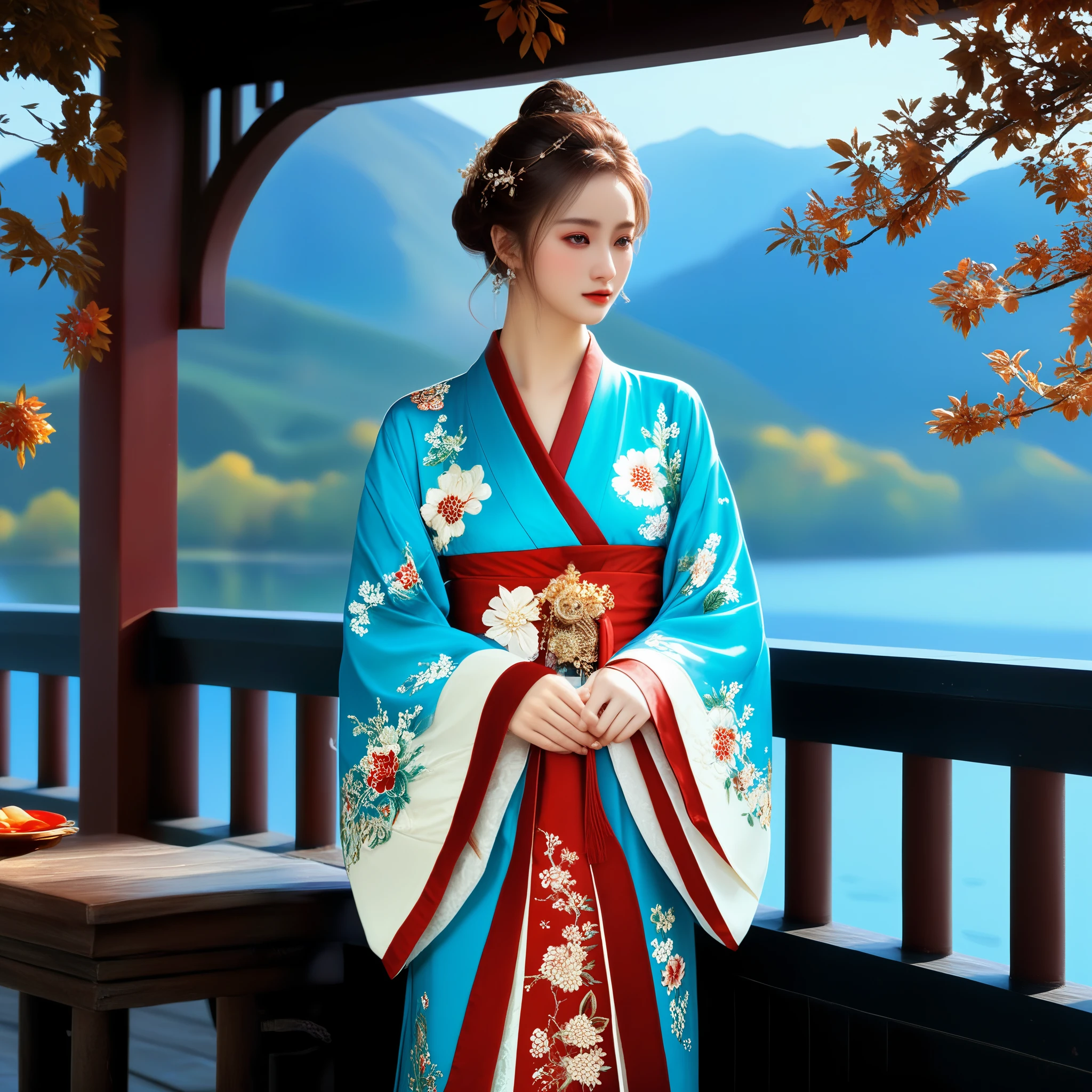 photorealistic,realistic,masterpiece,best quality,4k,，
A girl standing near the bridge over the lake, Wear new Chinese clothing that combines traditional Chinese Hanfu and modern clothing elements, Showing a unique oriental charm. Her clothes are mainly in red and white colors, With exquisite embroidery and beadwork, Showing the profound heritage of Chinese traditional culture. Her hairstyle is simple yet elegant, Wearing gorgeous hair accessories, Adds a splash of color to the overall look. Her makeup is delicate and elegant, Highlighting her natural beauty. Her eyes are bright and energetic, It seemed to be telling her inner story. Her skin is fair and delicate, Exudes a charming luster. Her figure is graceful and dignified, Exudes a noble temperament. She stood on the bridge by the lake, Behind you are the sparkling water and the mountains in the distance., It forms a beautiful picture. The sun shines on her body, Contrast between light and dark, highlighting her theme.