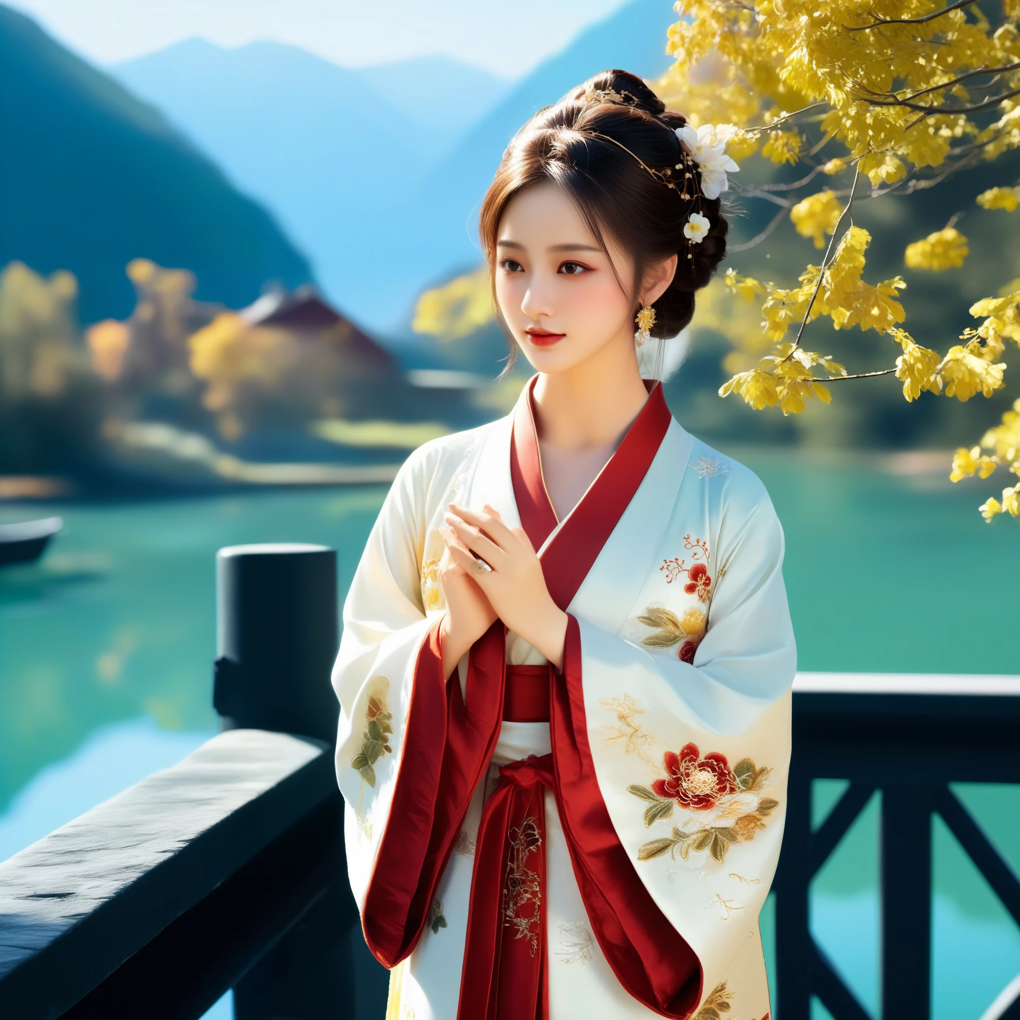 photorealistic,realistic,masterpiece,best quality,4k,，
A girl standing near the bridge over the lake, Wear new Chinese clothing that combines traditional Chinese Hanfu and modern clothing elements, Showing a unique oriental charm. Her clothes are mainly in red and white colors, With exquisite embroidery and beadwork, Showing the profound heritage of Chinese traditional culture. Her hairstyle is simple yet elegant, Wearing gorgeous hair accessories, Adds a splash of color to the overall look. Her makeup is delicate and elegant, Highlighting her natural beauty. Her eyes are bright and energetic, It seemed to be telling her inner story. Her skin is fair and delicate, Exudes a charming luster. Her figure is graceful and dignified, Exudes a noble temperament. She stood on the bridge by the lake, Behind you are the sparkling water and the mountains in the distance., It forms a beautiful picture. The sun shines on her body, Contrast between light and dark, highlighting her theme.