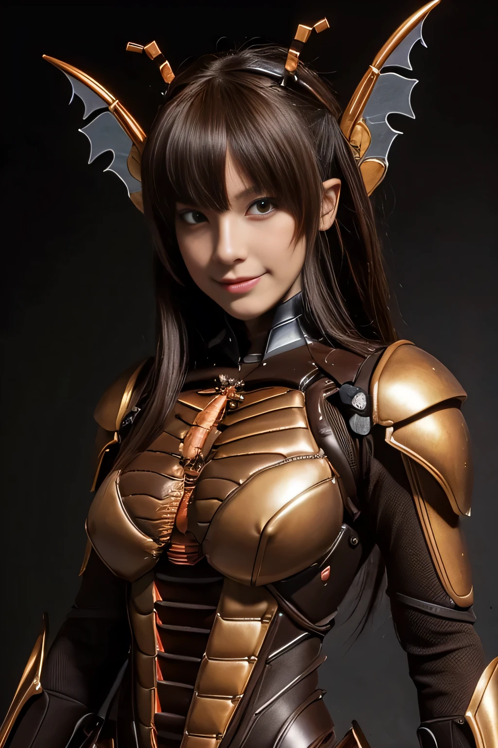 (High resolution,masterpiece,highest quality,Very detailed CG, anime, official art:1.4), realistic, photograph, amazing detail, everything is complicated, shiny and glossy,Amazing number of layers, 8K wallpaper, 3D, sketch, cute, figure,( alone:1.4), perfect female proportions,villain&#39;s daughter, (Fusion of dark brown cockroach and lady:1.4), (brown cockroach woman:1.2), (brown cockroach woman:1.2), (Fusion:1.2), (alone:1.4), (evil smile:1.2), muscular, abs, (Cockroach brown exoskeleton bio insect suit:1.4), (Cockroach brown exoskeleton bio insect armor:1.2), (brown transparent cockroach feathers:1.4), (Antennae of brown cockroaches:1.3),