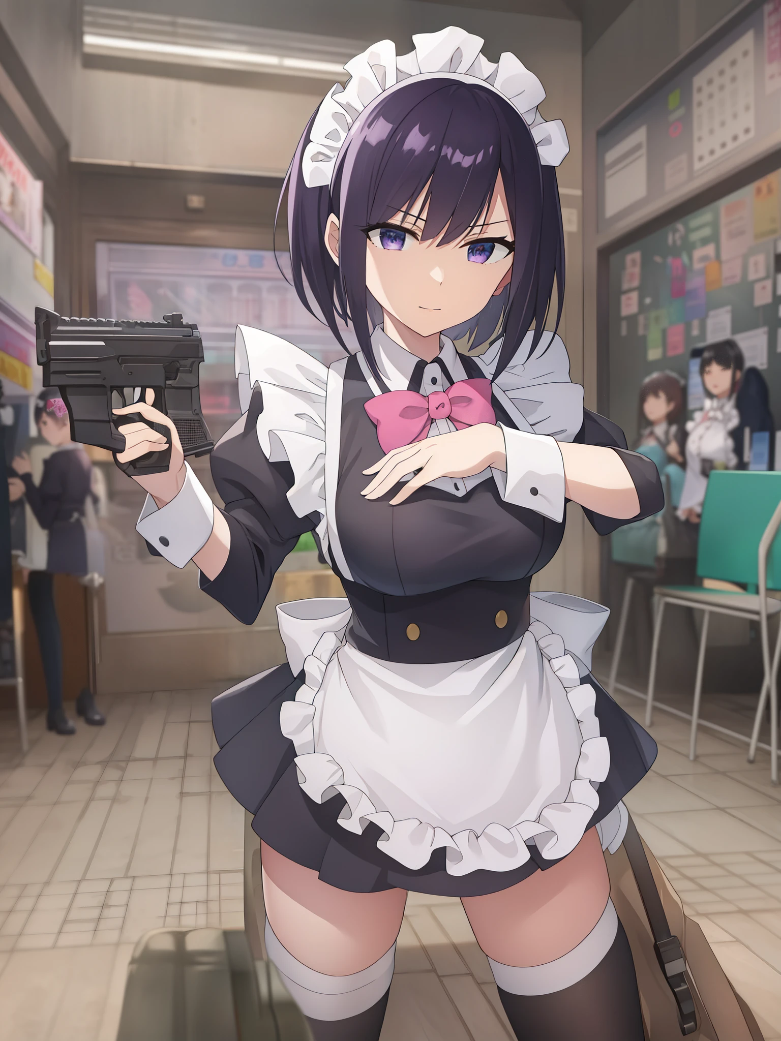 Anime girl in maid outfit holding a gun in a school cafeteria - SeaArt AI